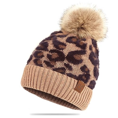 C.C Exclusives Soft Beanie hat with Leopard Pattern and Fur Pom(HAT-7001)(SF-7001) - One Size - Latte-leo