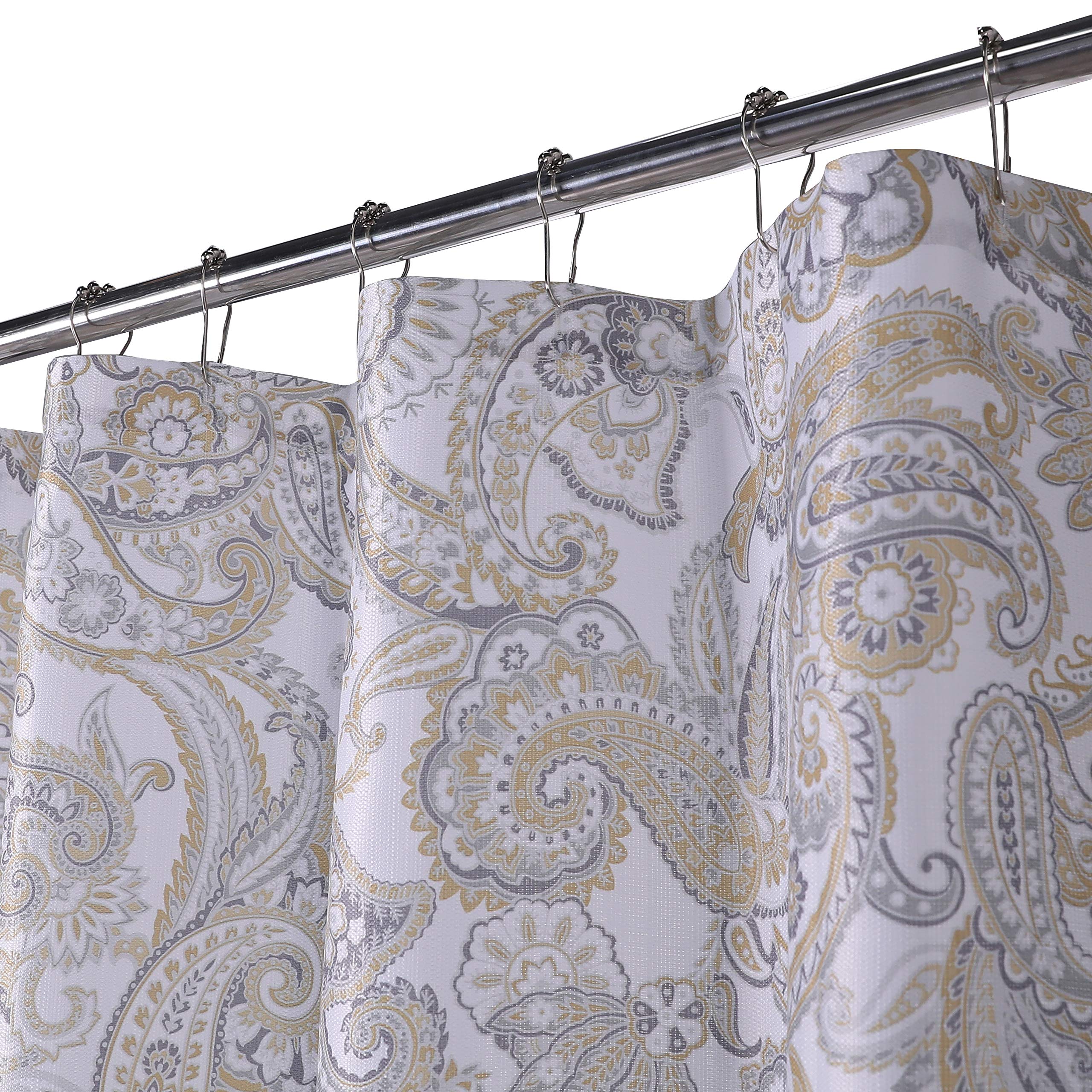 Central Park Paisley Shower Curtain Yellow and Gray Linen Look Fabric Floral Scroll Print Decorative Bathroom Curtain Machine Washable ,70" x 72",Not Water Proof