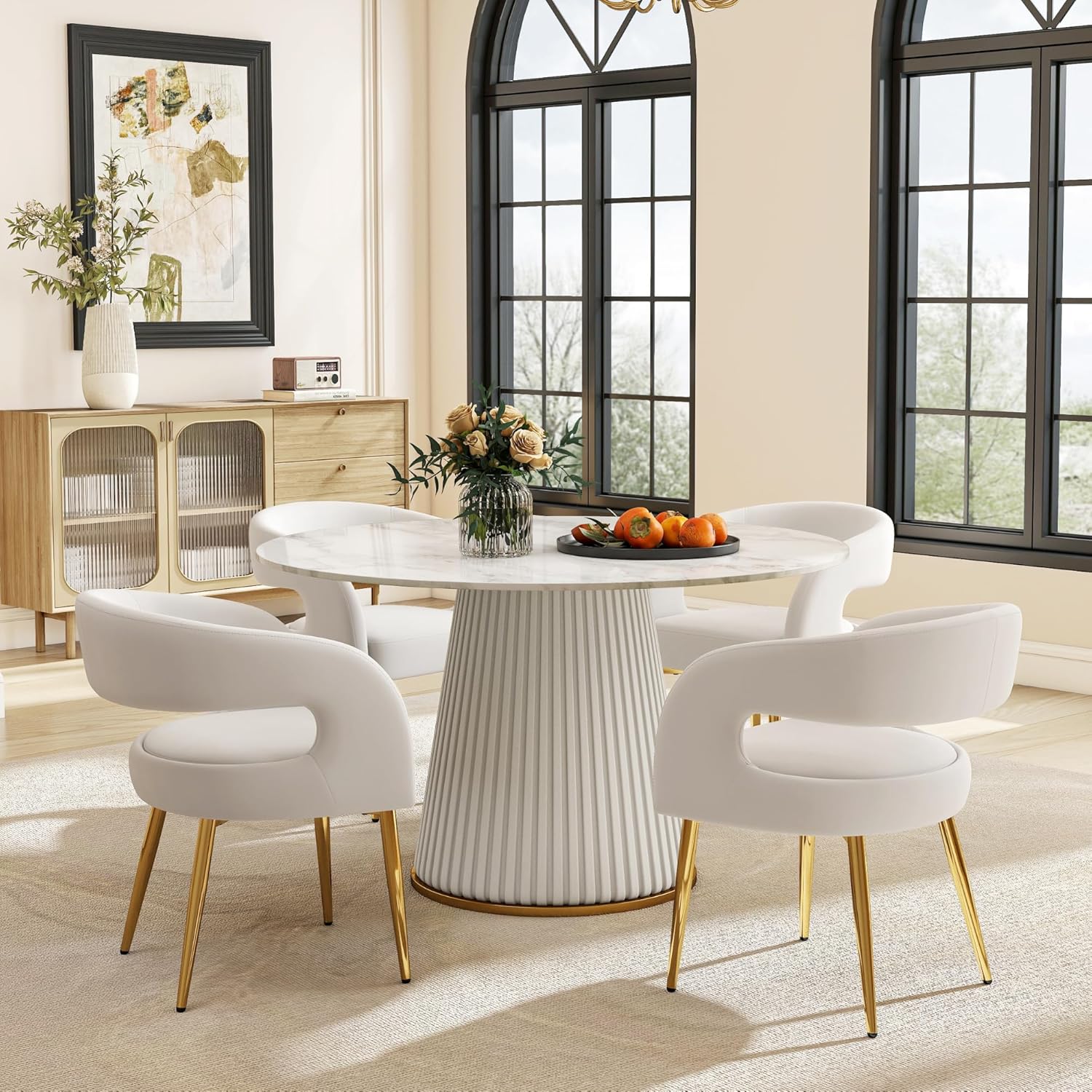 White and Gold Dining Chairs Set of 4, Upholstered Velvet