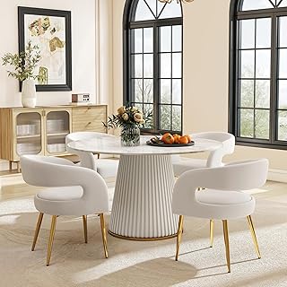 White and Gold Dining Chairs Set of 4, Upholstered Velvet Barrel Dining ...