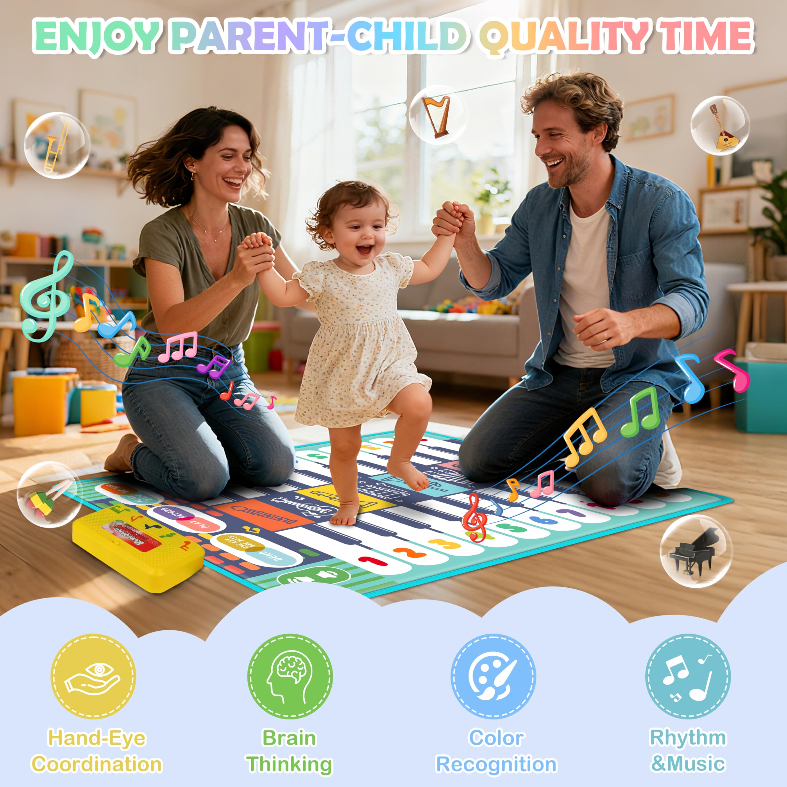 Charmofun Tappeto Musicale Bambini, Tappetino Musicale per Pianoforte con 8 Strumenti, 10 Canzoni Incorporate, Giocattolo Musicale Regalo Natale e Compleanno per Ragazzi Ragazze 1 2 3 4 Anni
