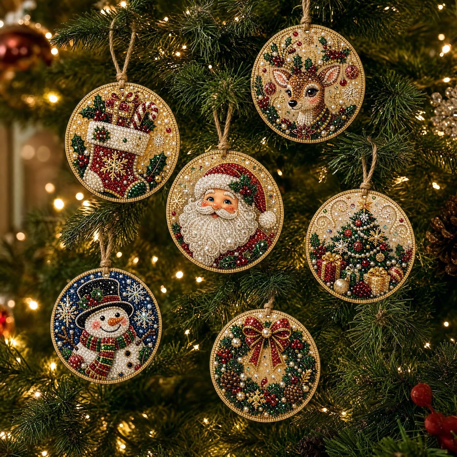 BibHoly 6PCS Christmas Wooden Ornaments DIY Pearl Diamond Painting Kit (#U)