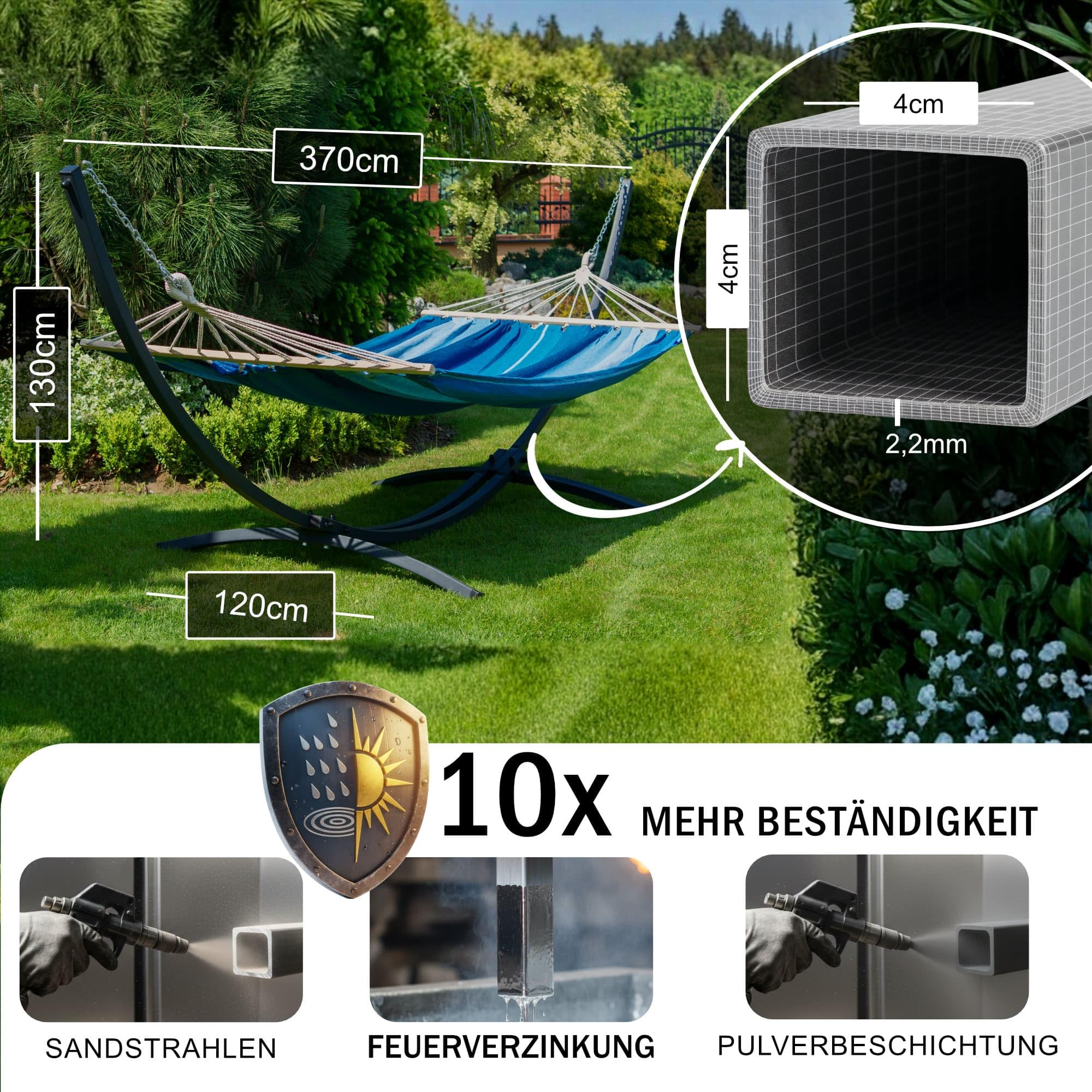 Potenza Amaca da Giardino con Supporto in Acciaio ZINCATO A CALDO – Amaca Con Barra 220x160 cm, 200 kg in Cotone con Struttura lunga 365 cm, Portata 220 kg, con Telaio Resistente alle Intemperie