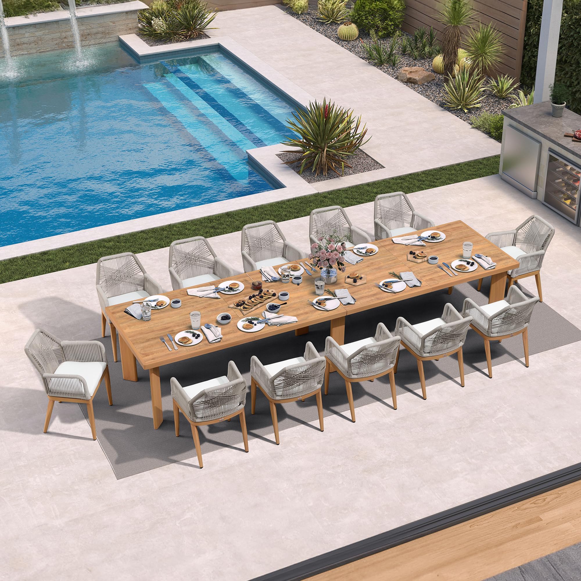 PURPLE LEAF 13 Pieces Patio Dining Set with Cushion and Wicker Arm, Teak