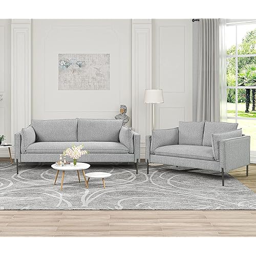 2-Piece Linen Fabric Sofa Set with USB Charging Ports, Morden Style Upholstered Sofa and Loveseat Sets with 3 Seat Sofa Couch and Loveseat Sofa for Living Room, Apartment (2+3 Seat, Grey)