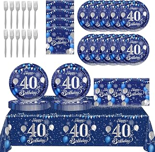 40th Birthday Decorations for Men,61Pcs Blue Silver 40th Birthday Decorations Tableware Include Happy 40th Birthday Plates and Napkins,Tablecloth,Forks for Men 40th Birthday Party Supplies,Serve 20
