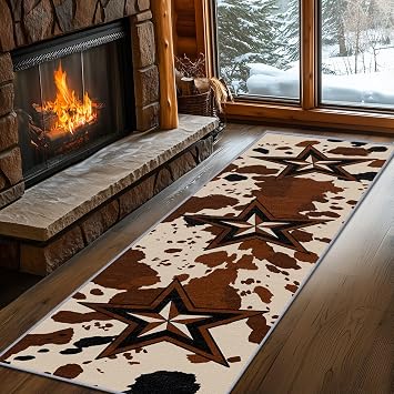 Texas Star Rugs for Living Room, Western Runners for Hallways, 2x10ft, Cowhide Print Cowboy Vintage Rug Runner, Southwestern Rustic Lodge Washable Non Slip Runner Mat Home Decor
