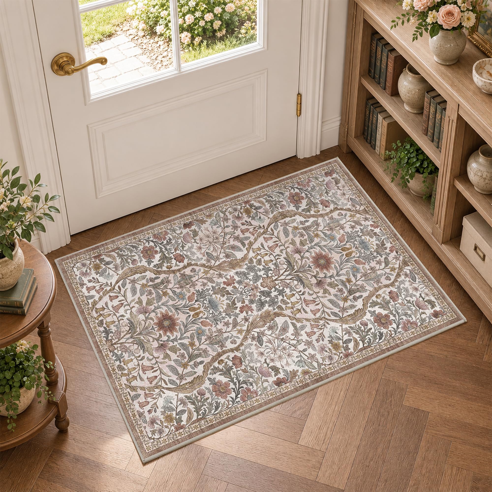 Floral 2x3 Entryway Rug Washable Door Mat Low Pile Khaki Rug