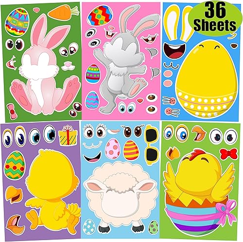 36 hojas de calcomanías de Pascua para niños, haz tus propias calcomanías de Pascua para niños, huevos de Pascua, animales de granja, conejo,