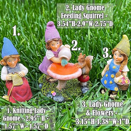 Miniatura 3 de Mood Lab Gnomos de jardín en miniatura - Kit de 3 piezas de gnomos de señora - Juego de figuras y accesorios - Decoración para exteriores o casa