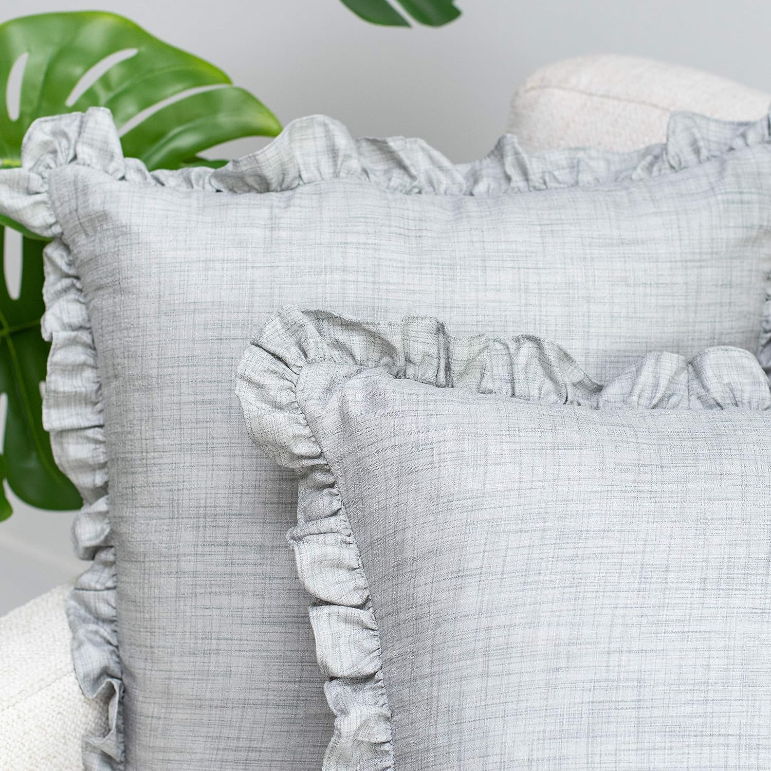 The White Petals Grey Frills Throw Pillow Cover - (20x20 inch) | Decorative, Washable Cushion Covers for Couch, Sofa, Bedroom, Living Room - Pack of 2