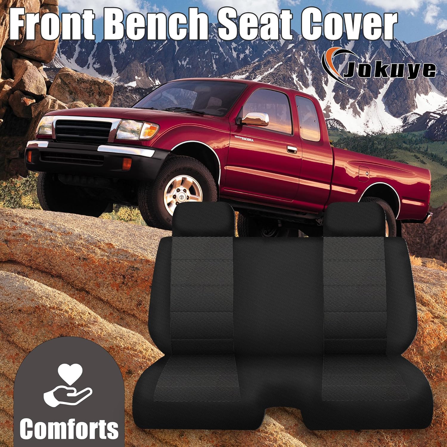 Jokuye Custom Fit Front Bench Seat Cover for Toyota Tacoma 1995-2004, Durable Fabric, Compatible with Molded Headrests and 2-3 Inch Shifter Cutout-Black