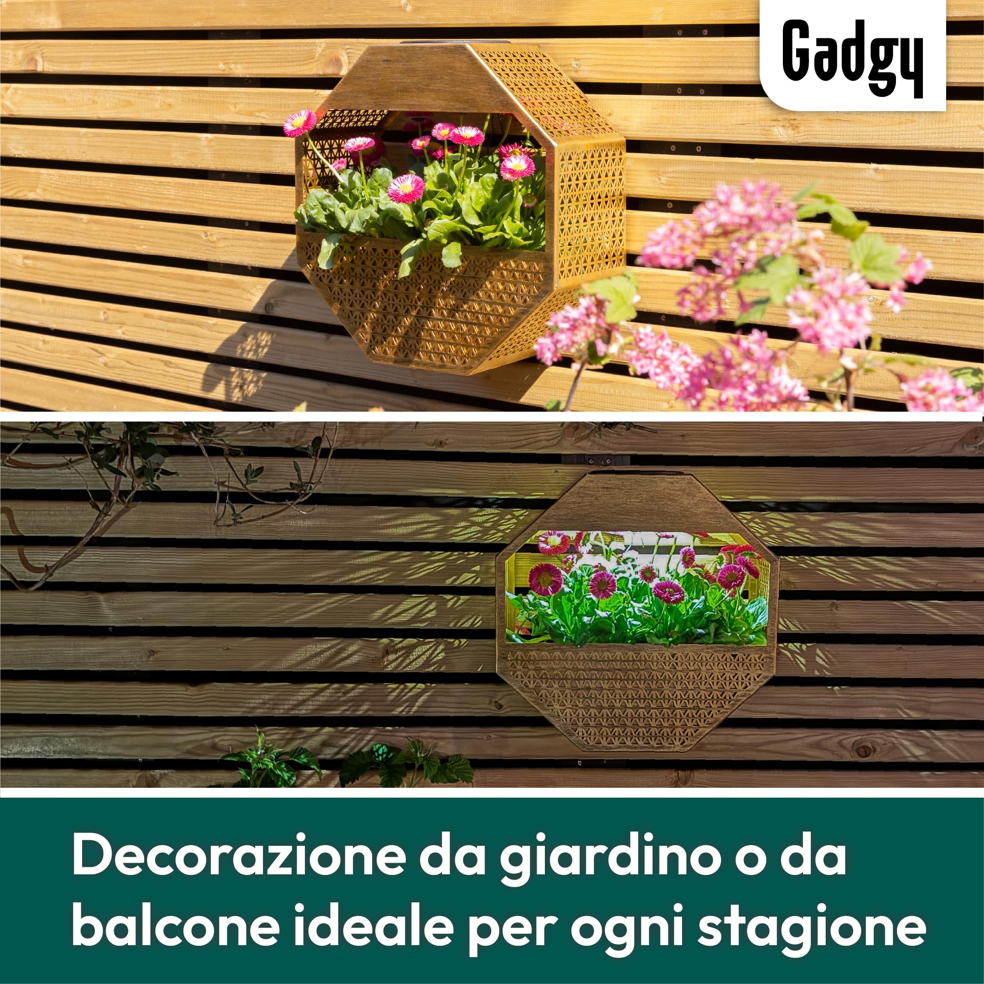 Gadgy Lampada solare da parete con vaso da fiori – Fioriera illuminata per balcone e terrazza – Illuminazione giardino resistente