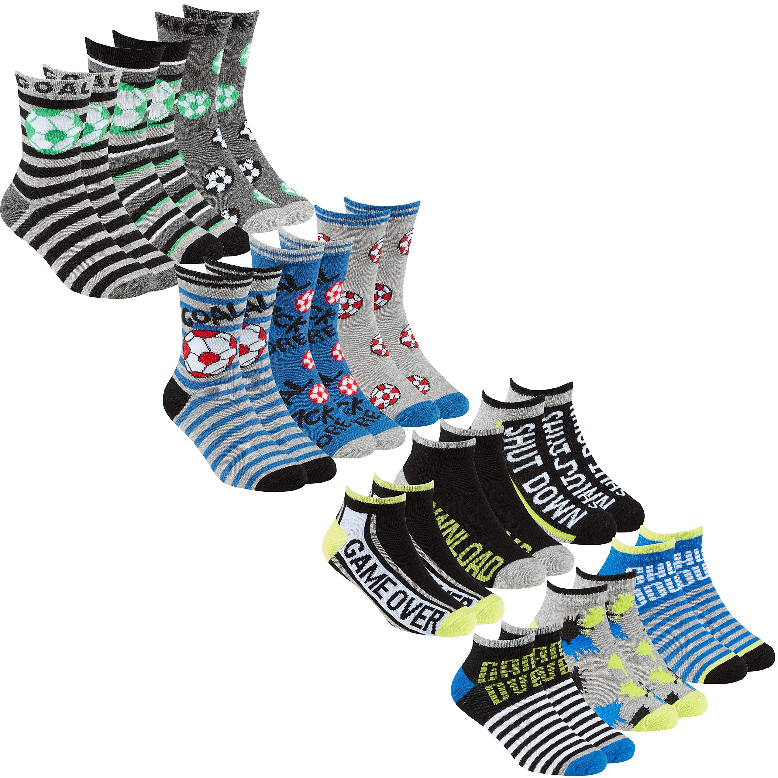 Metzuyan Boys Bamboo Socks Trainer Liners Crew Socks Novelty Cartoon Game Themed Football Blue Grey 6-8.5
