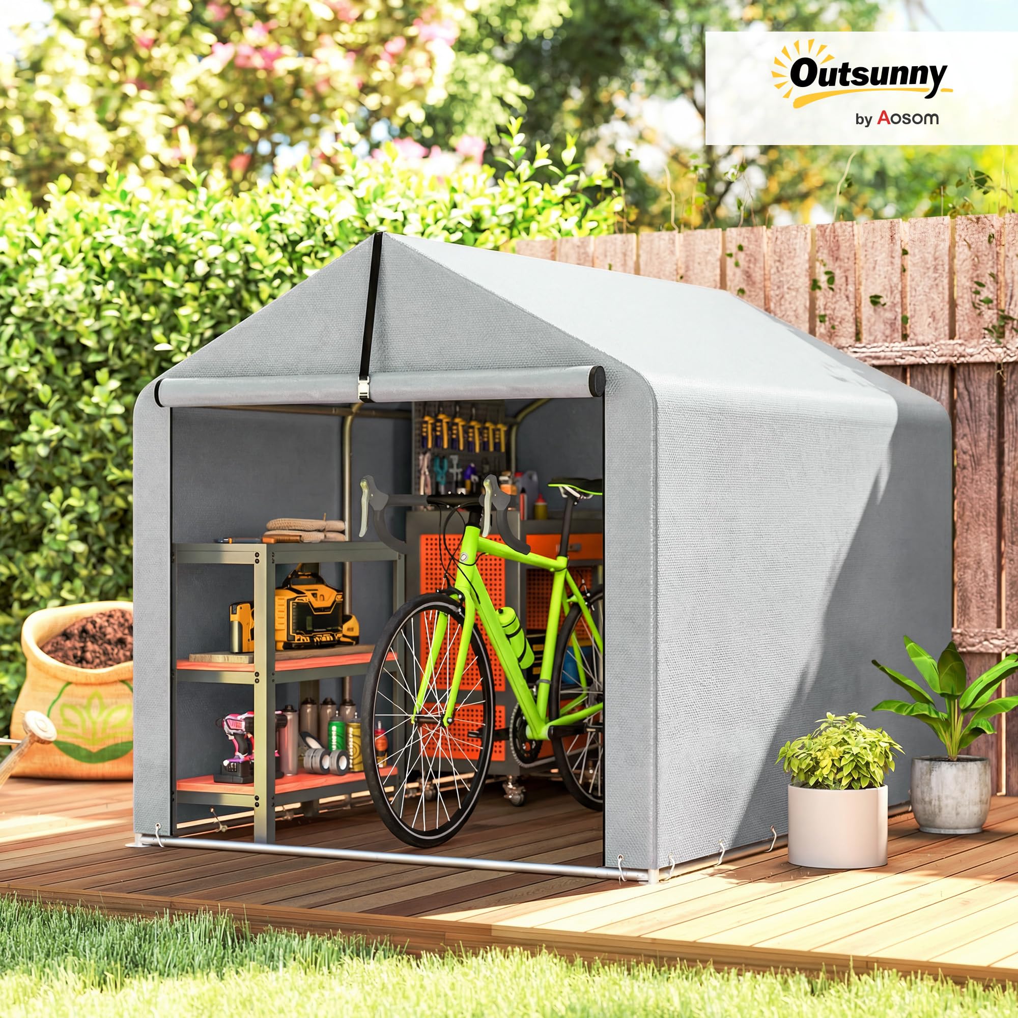 Outsunny Carpa de Jardín Exterior para Herramientas, Bicicletas, 1,6x2,2x1,6 m, Cobertizo Exterior con Marco de Acero Galvanizado, Puerta Enrollable, Impermeable, Anti-UV, Garaje Portátil, Gris