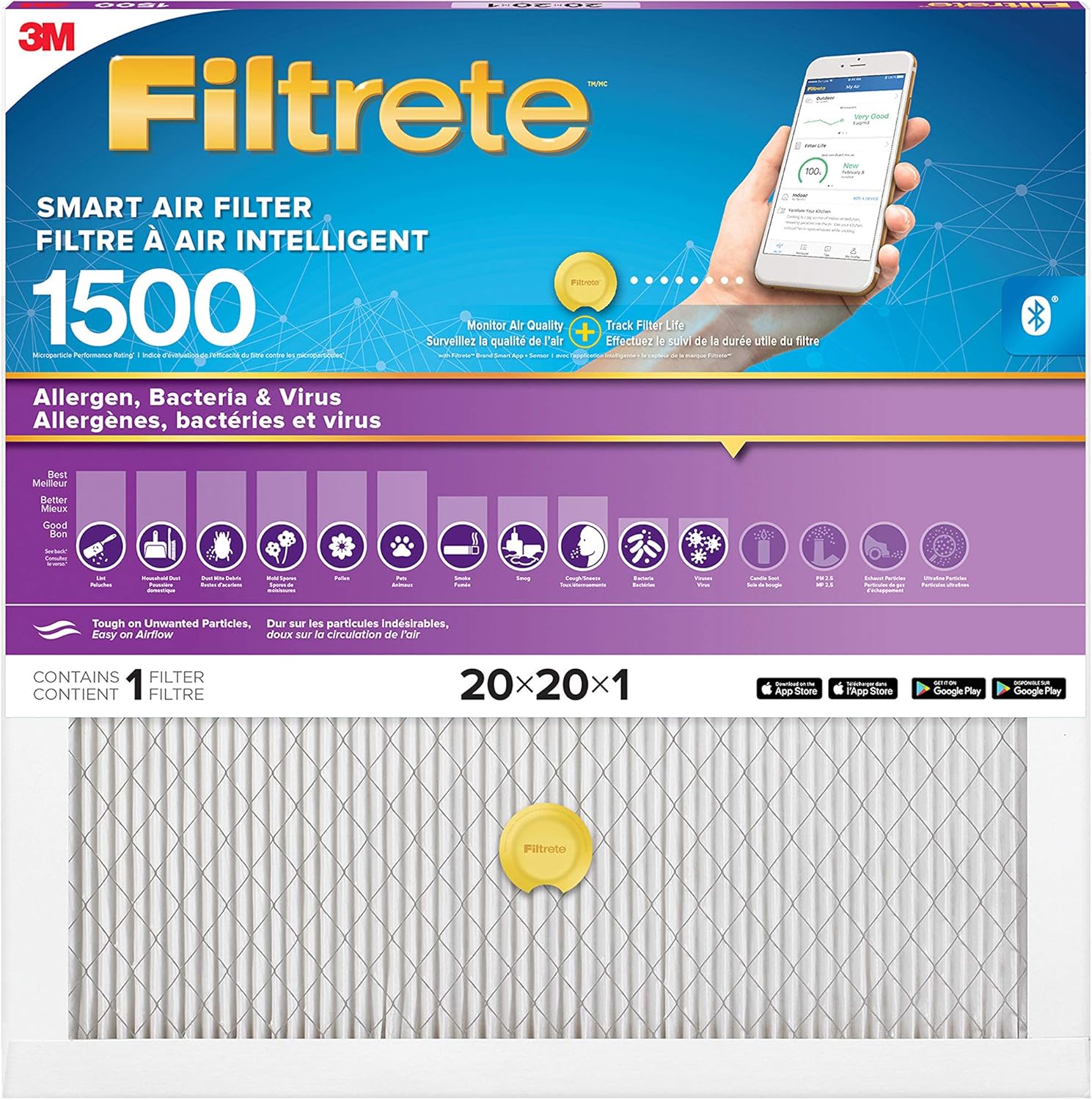 Filtrete 20x20x1 Smart Furnace Filter, MPR 1500 MERV 12, 1Inch