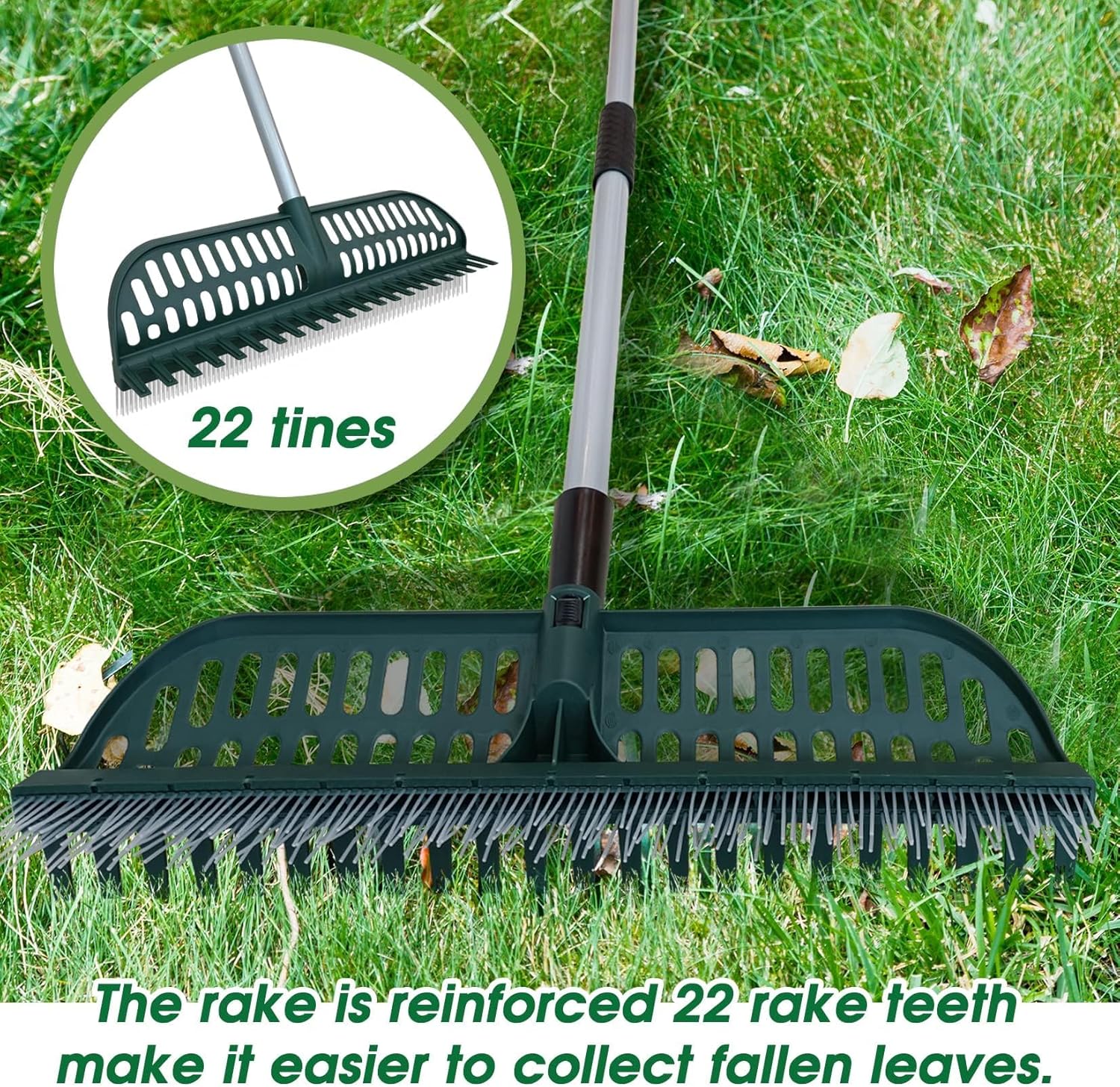ORIENTOOLS Garden Leaf Rake 2 in 1 Turf Rake for Artificial Grass and Lawn with Telescopic Steel Handle, 49" to 63" Long