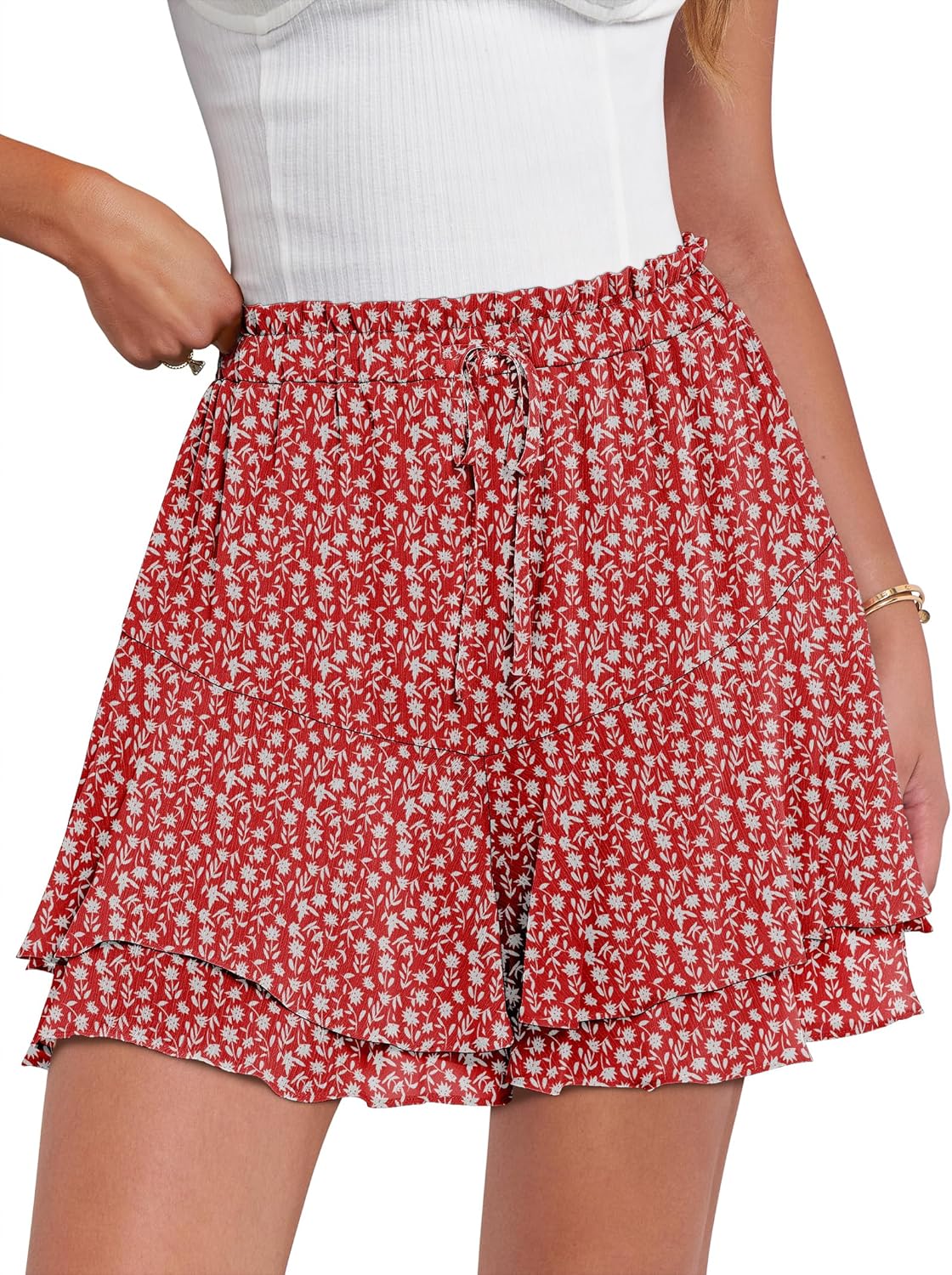 Caracilia Skorts for Women Boho Casual Beach Mini Skirts Summer Floral Ruffle Chiffon Flowy Shorts 2026 Trendy Outfits