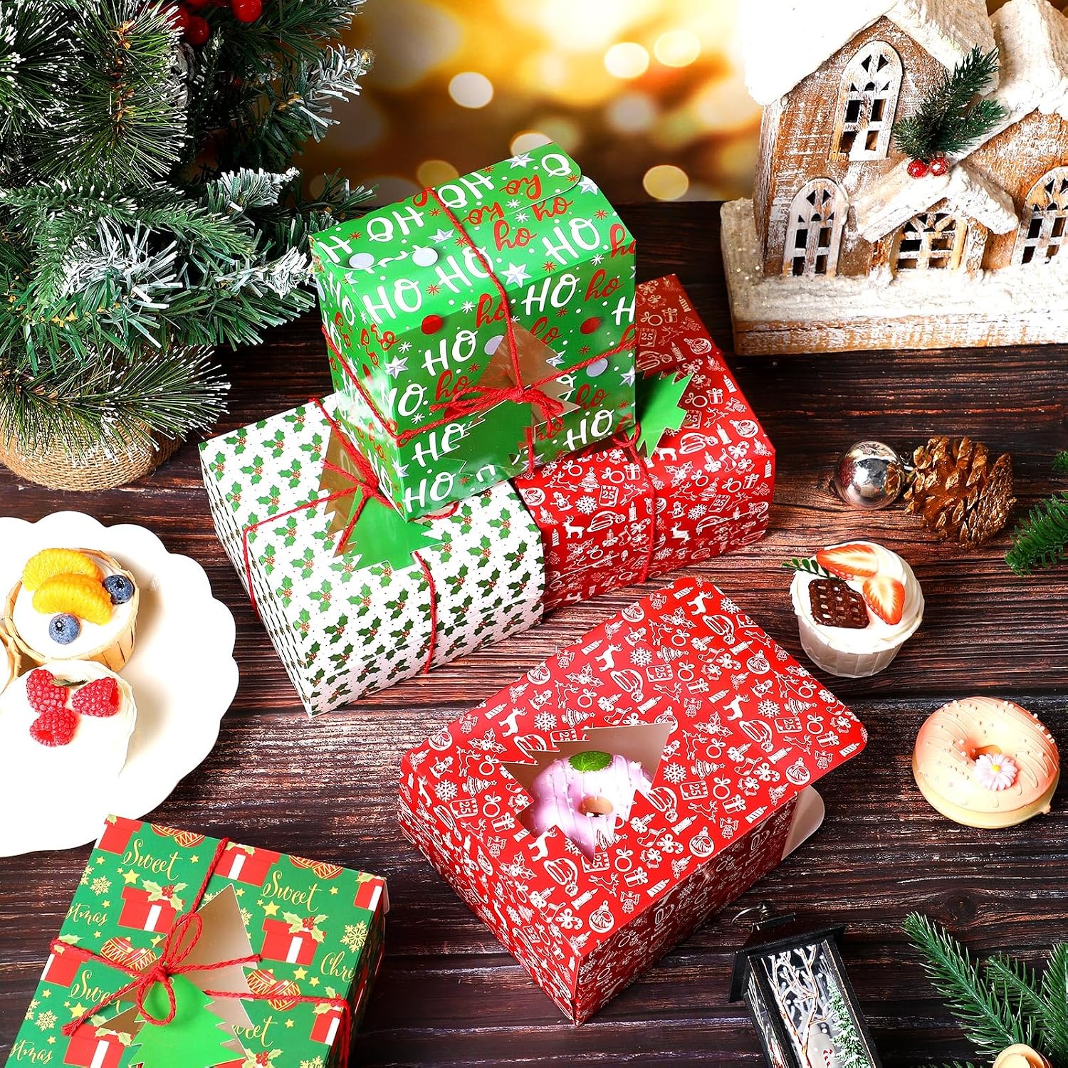Blulu 48 Set Christmas Bakery Boxes Bulk 5x5x3 Inch with Christmas Tree Tags and Rope Clear PVC Window Christmas Cupcake Boxes Containers for Christmas Cookie Goodie Candy Package Party Treat Gift