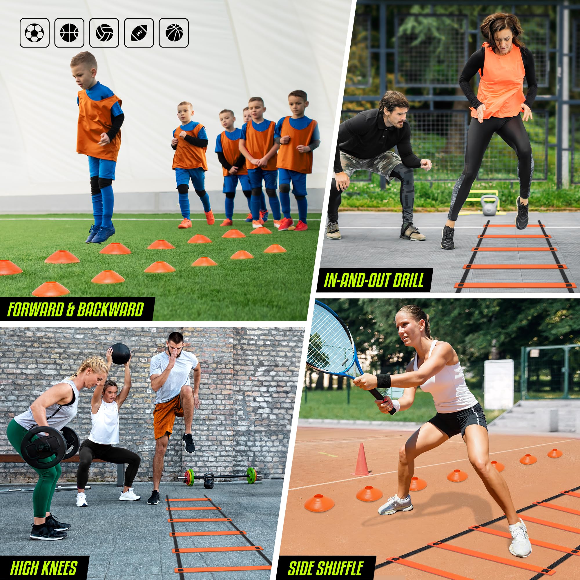 Yes4All 8/12/20 pioli, Fino a 7,6 Metri, Ultimate Agility Ladder Speed Training Equipment con Multi Colori, Borsa per Il Trasporto Inclusa
