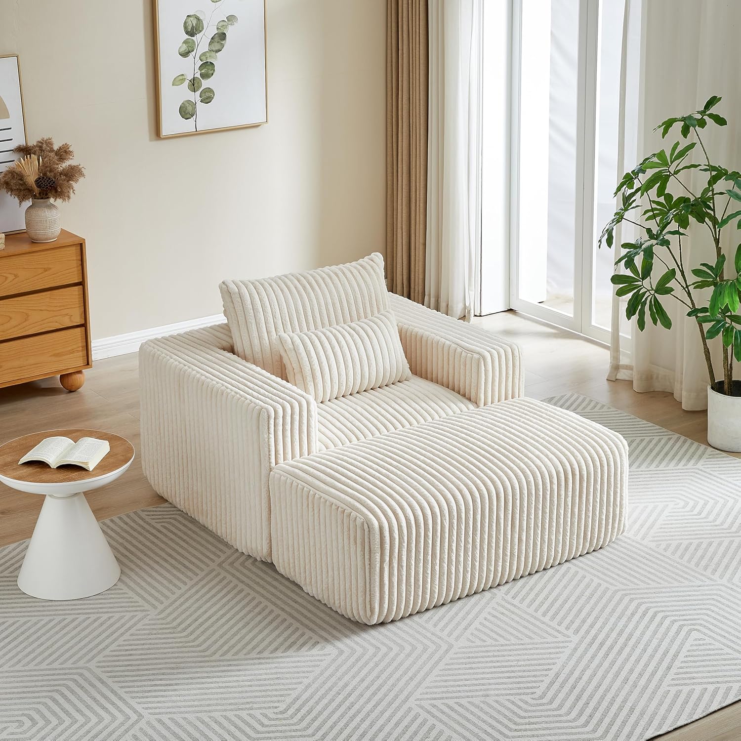 WILLIAMSPACE 48.5" Single Sofa Chair with Moveable Ottoman, Modern Upholstered Foam Armchair with Pillow, Floor Chair for Living Room Deep Seat Reading Sofa for Bedroom, Corduroy, No Assembly (Beige)