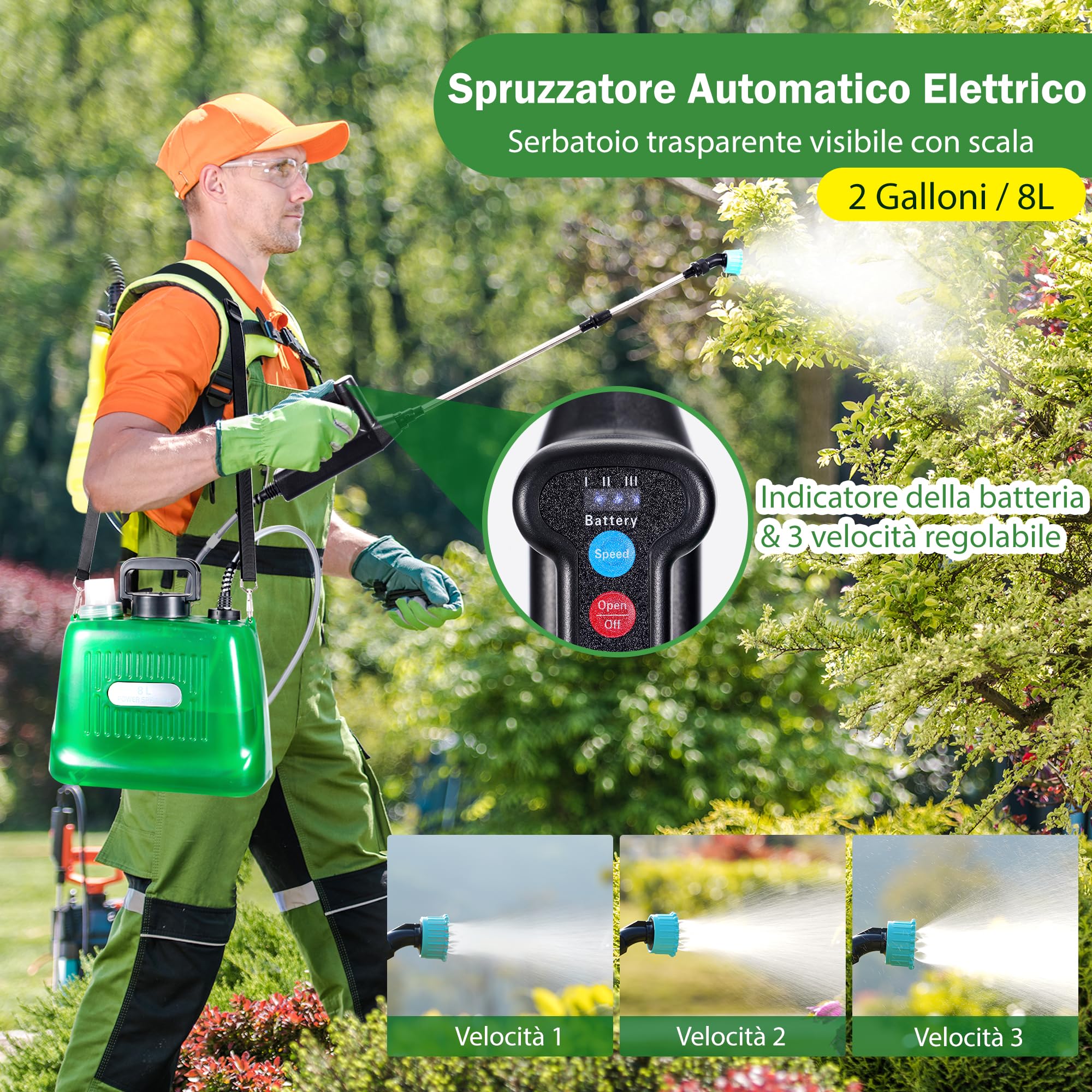 Spruzzatore Elettrico per Piante da 8L, Aggiornato Nebulizzatore a Pressione da Giardino con 4 Ugelli Regolabile, 3 Velocità Regolabile, Indicatore di Livello della Batteria (8L)