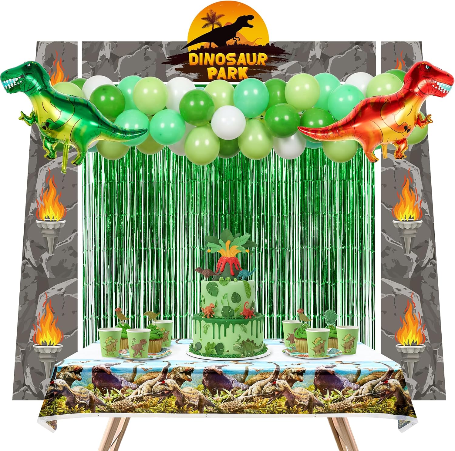 88Pcs Dinosaur Birthday Party Decorations Supplies - Dino Park Door Porch Banner Backdrop Balloon Tablecloth Green Foil Fringe Curtains for Boys Jungle Safari Theme