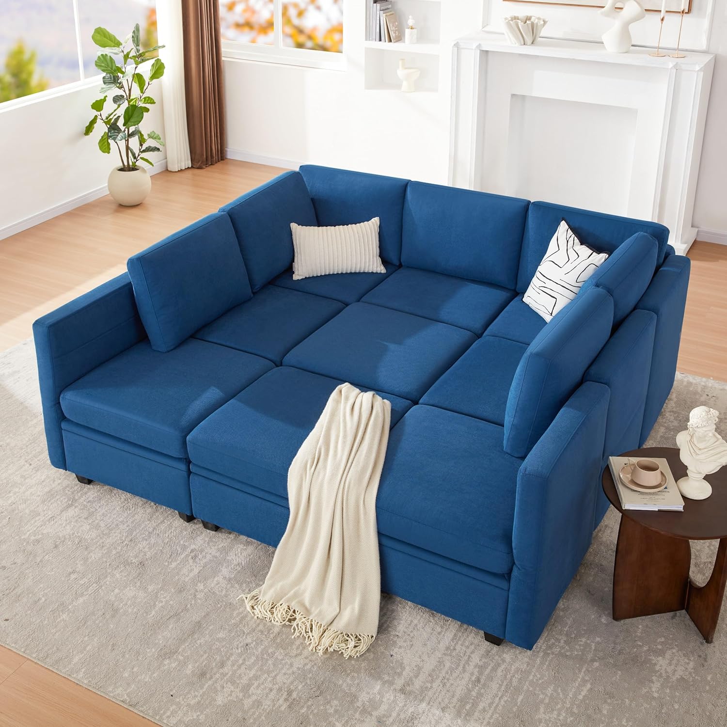 Modular Sectional Sleeper Sofa, 9 Seat Couch With Storage for Living Room, Reversible Sofa Bed With Chaise, Blue