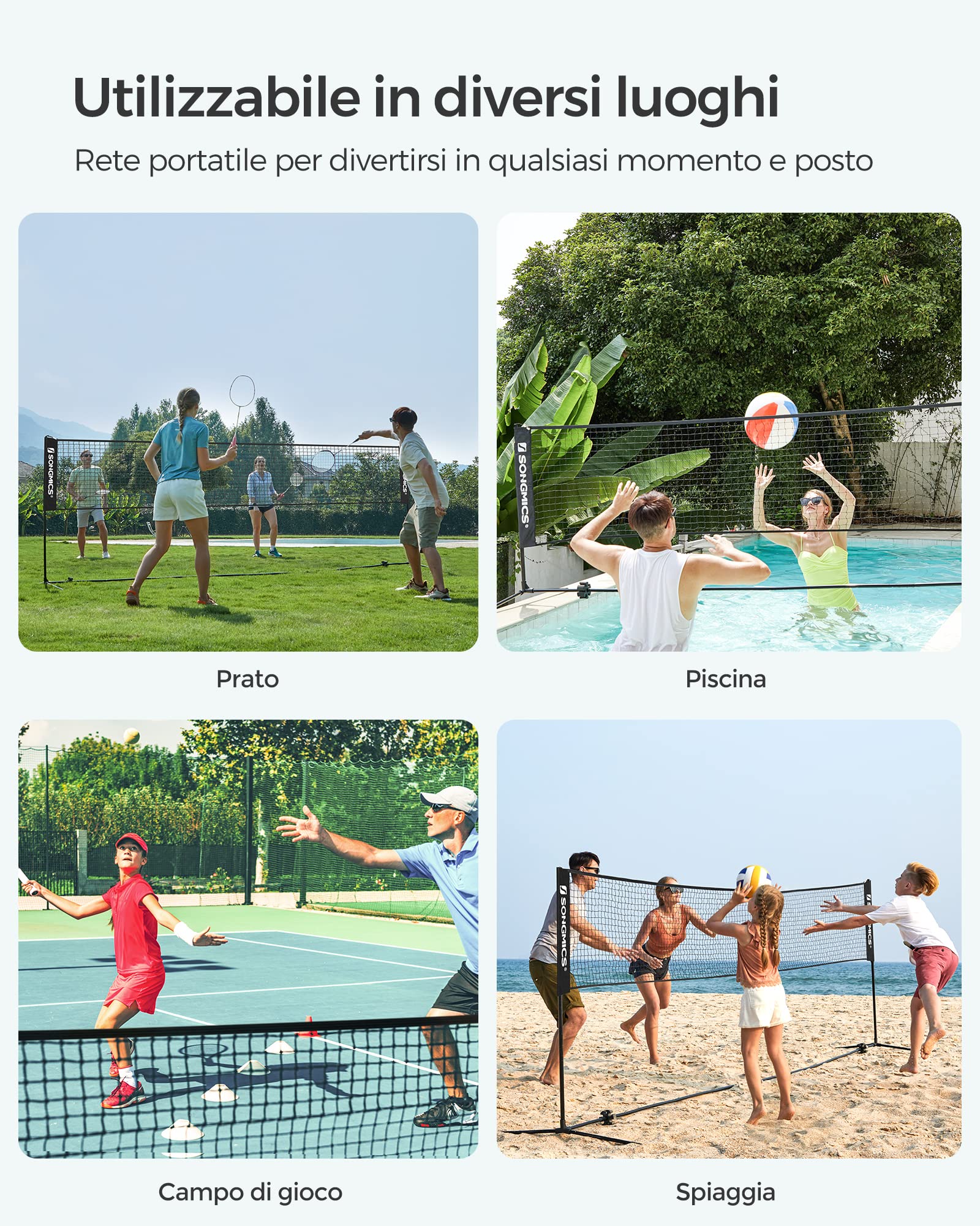 SONGMICS Rete da badminton da 3 m, rete da pallavolo, altezza pali regolabili, set portatile per tennis