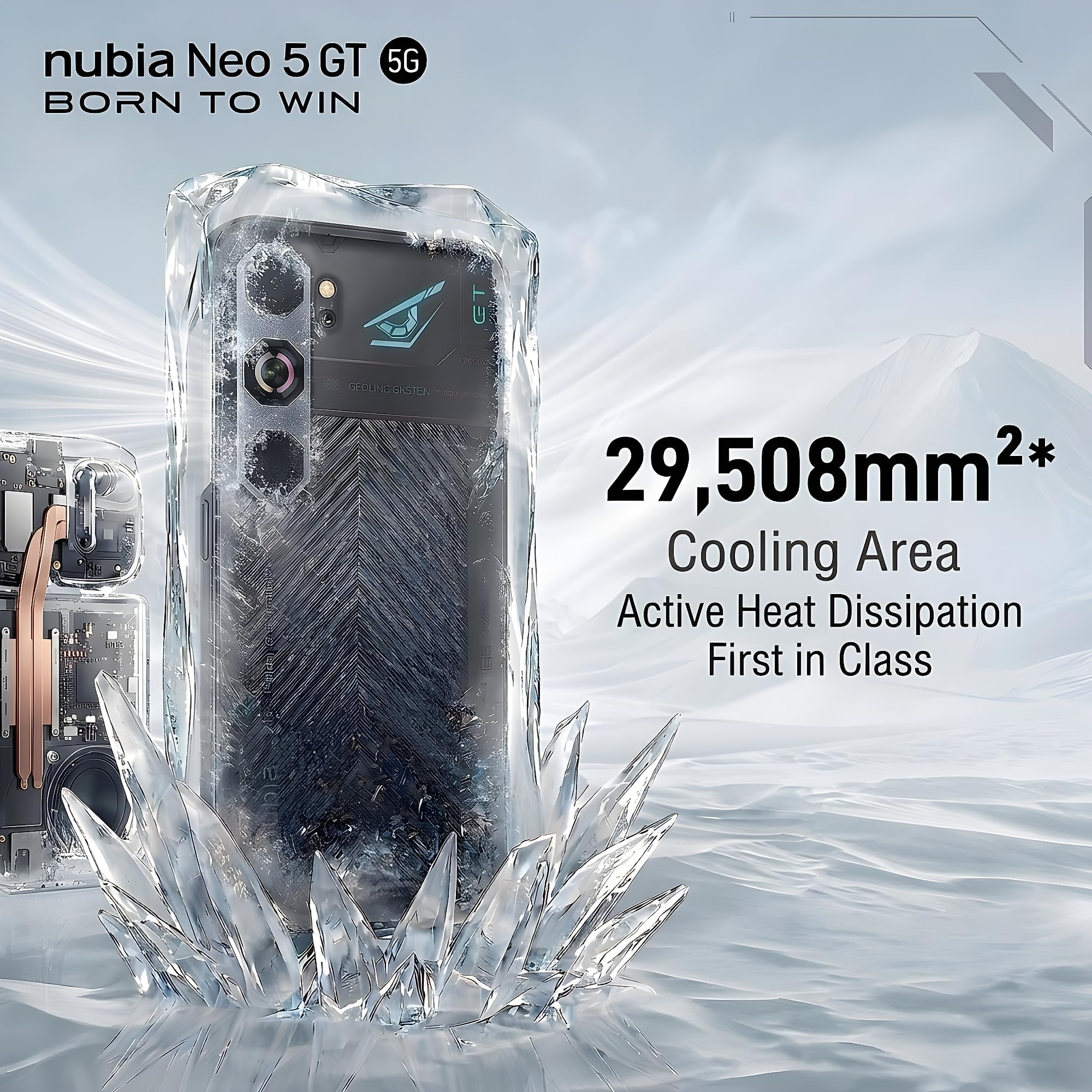 nubia Neo 5 GT Smartphone 5G 6,8’’ AMOLED 120Hz, MediaTek Dimensity 7400, RAM 12GB, 256GB, Batteria 6210mAh, Fotocamera 50MP, Cooling fan, Android 16, Cover con design gaming, Black