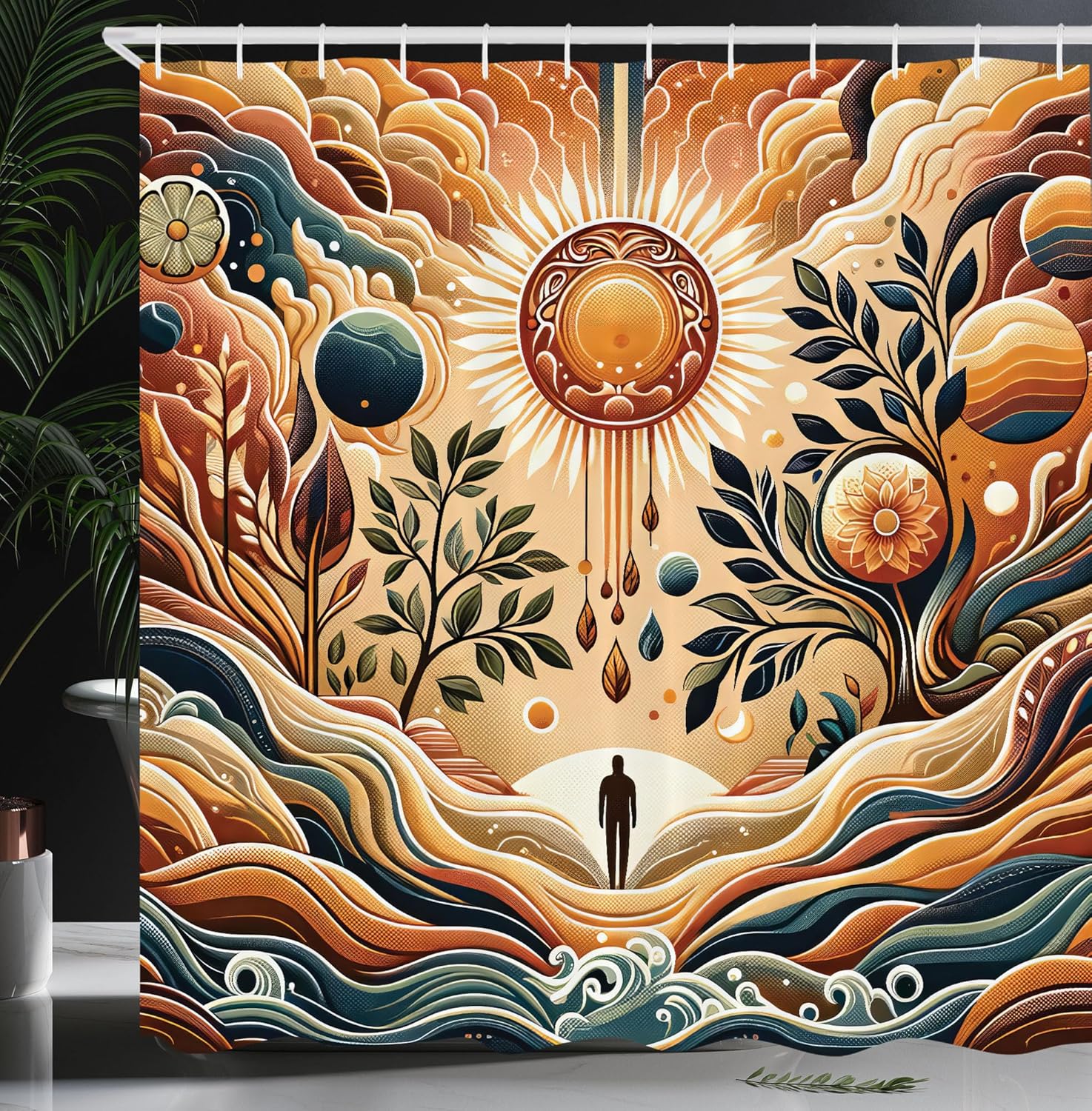 Ambesonne Trippy Shower Curtain, Bohemian Sunny Atmosphere Waves Psychedelic Huddles of Clouds and Leaves, Cloth Fabric Bathroom Decor Set with Hooks, 69" W x 84" L, Pale Brown Petrol Blue