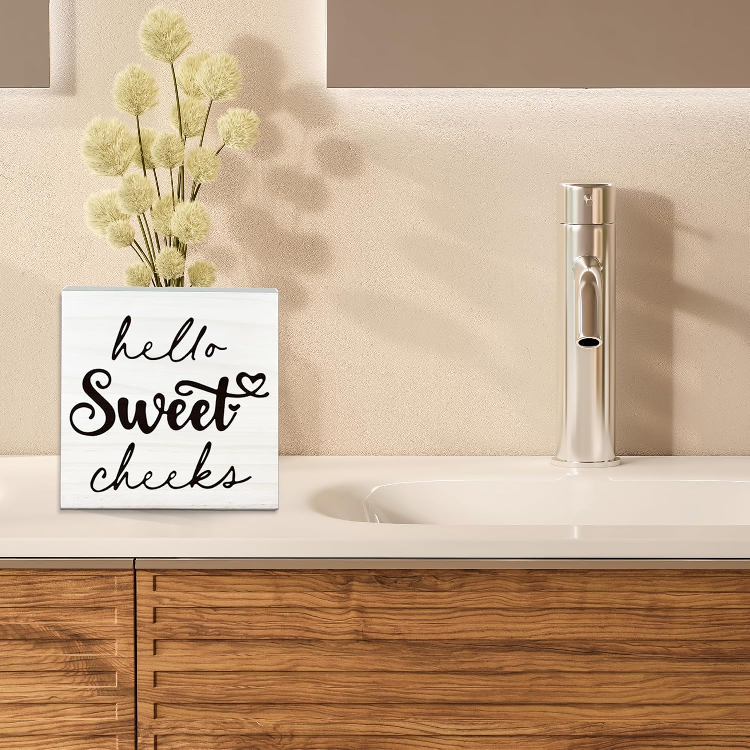 Hello Sweet Cheeks Wooden Sign - Funny White Block Plaque Desk Decoration - 5x5 inches Rustic Wood Block Gifts for Friends Family - Restroom Bathroom Toilet Tabletop Favors & Supplies-A08 - Image 4