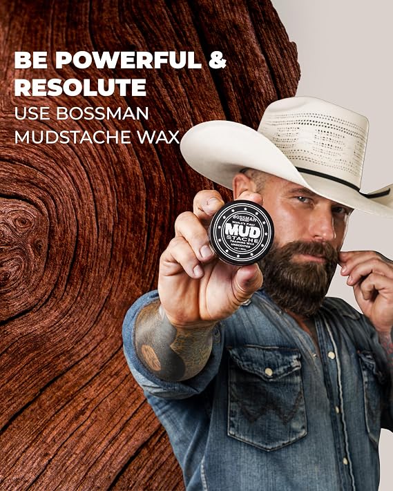 Bossman MUDstache Unscented Mustache Wax for Men (1 oz) Strong 24-Hour Hold, Non-Tacky & Easy to Apply for Taming & Styling