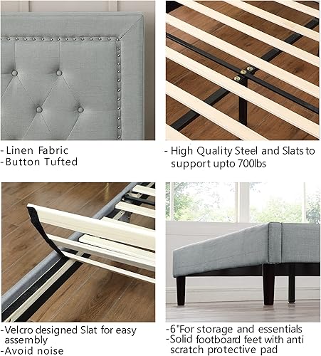 Miniatura 12 de Base de cama de plataforma tapizada tamaño matrimonial con cabecero ajustable de 48 pulgadas de alto, cama de terciopelo de lino con botones,