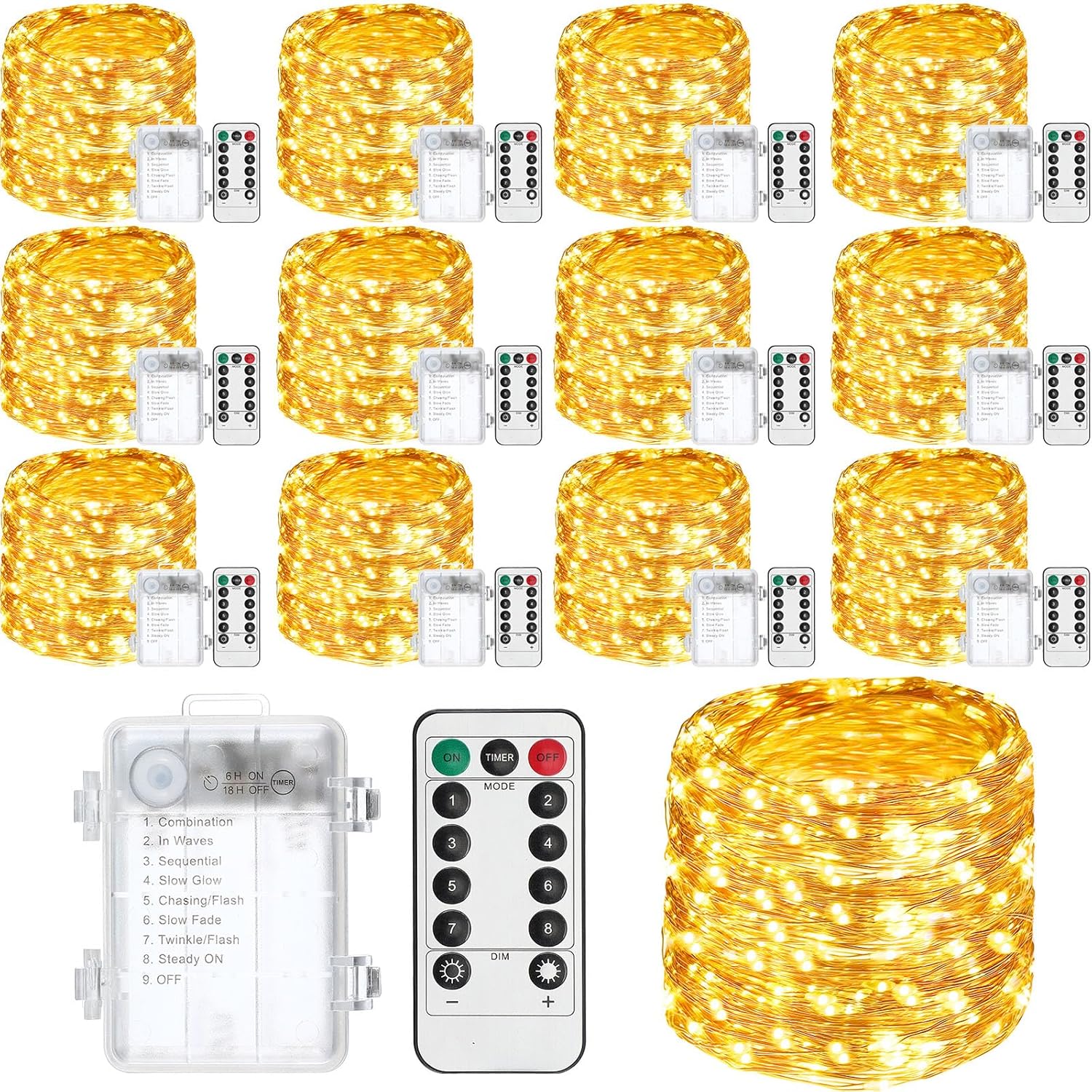 VIHOSE 12 Pack 396FT 1200 LED Fairy Lights Battery Operated with Remote, Waterproof Twinkle String Lights with Timer, 8 Modes, Warm Battery Operated String for Indoor Outdoor Bedroom Garden Decor