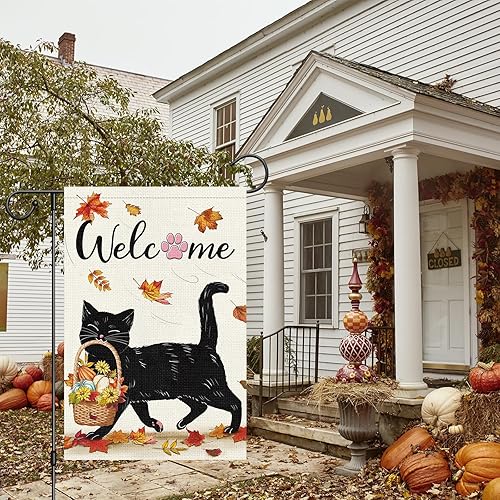 Miniatura 3 de Louise Maelys Bandera de jardín de bienvenida de otoño de 12 x 18 pulgadas, de doble cara, pequeña arpillera de otoño con gato negro, bandera de