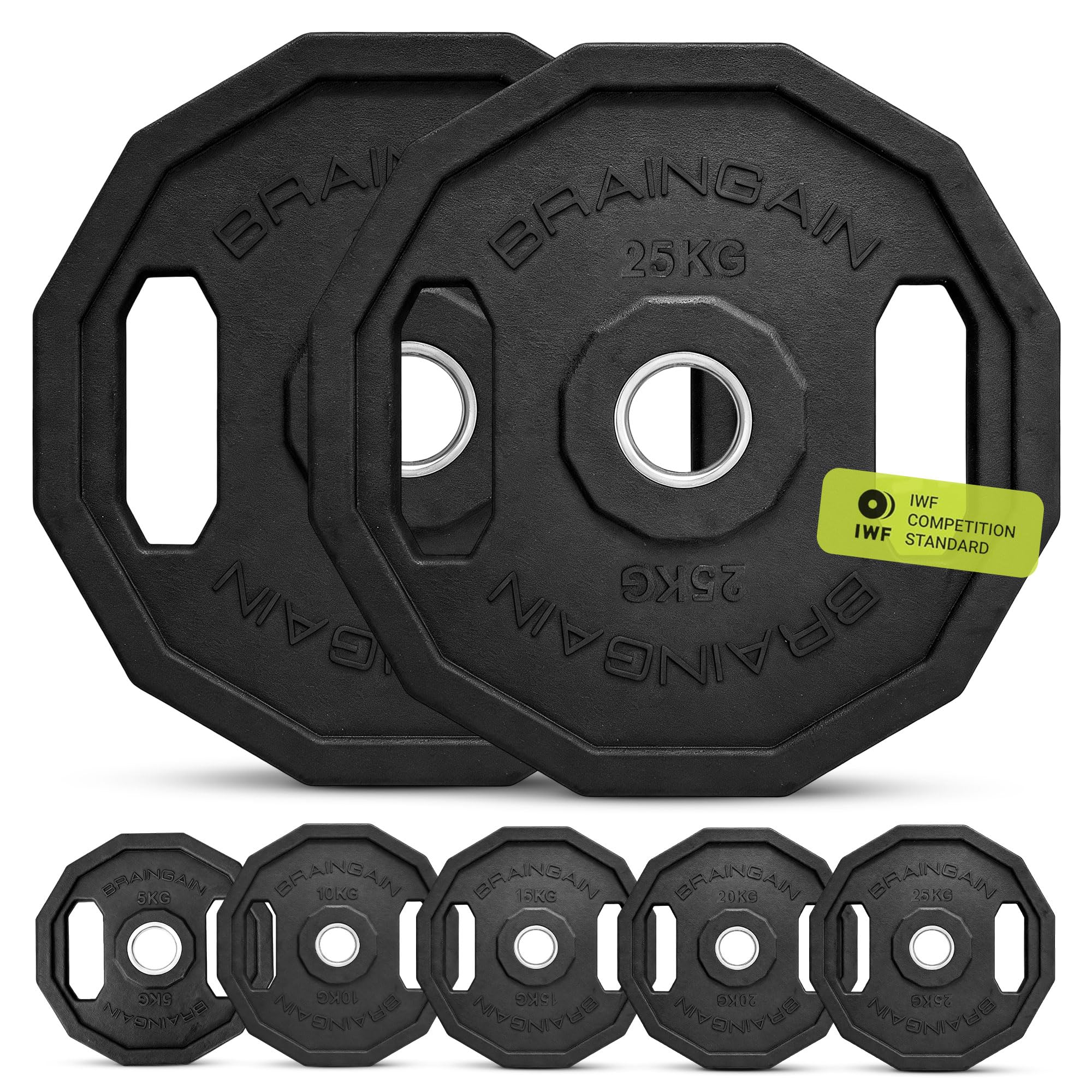 Olympic Weight Plates, 12-Sided Rubber Coated, Black - Available in 5KG, 10KG, 15KG, 20KG and 25KG (25.0, Kilograms)