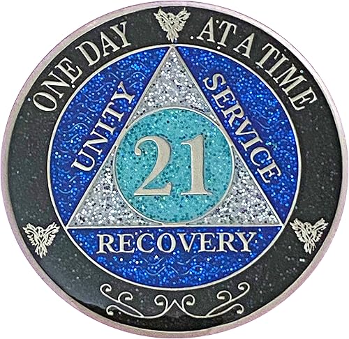 Miniatura 49 de (años 1-50) Medallón de purpurina plateado de recuperación AA de 47 años, arcoíris negro, azul, moneda de purpurina plateada, cubierta de epoxi