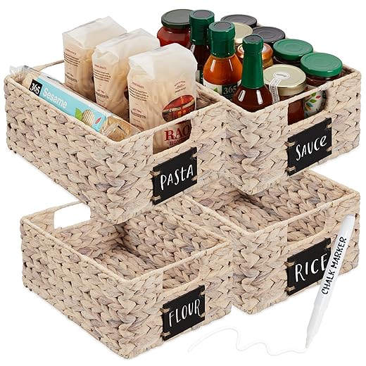 Best Choice Products Set of 4 9x12in Water Hyacinth Pantry Baskets, Woven Kitchen Organizers w/Chalkboard Label, Chalk Marker - White