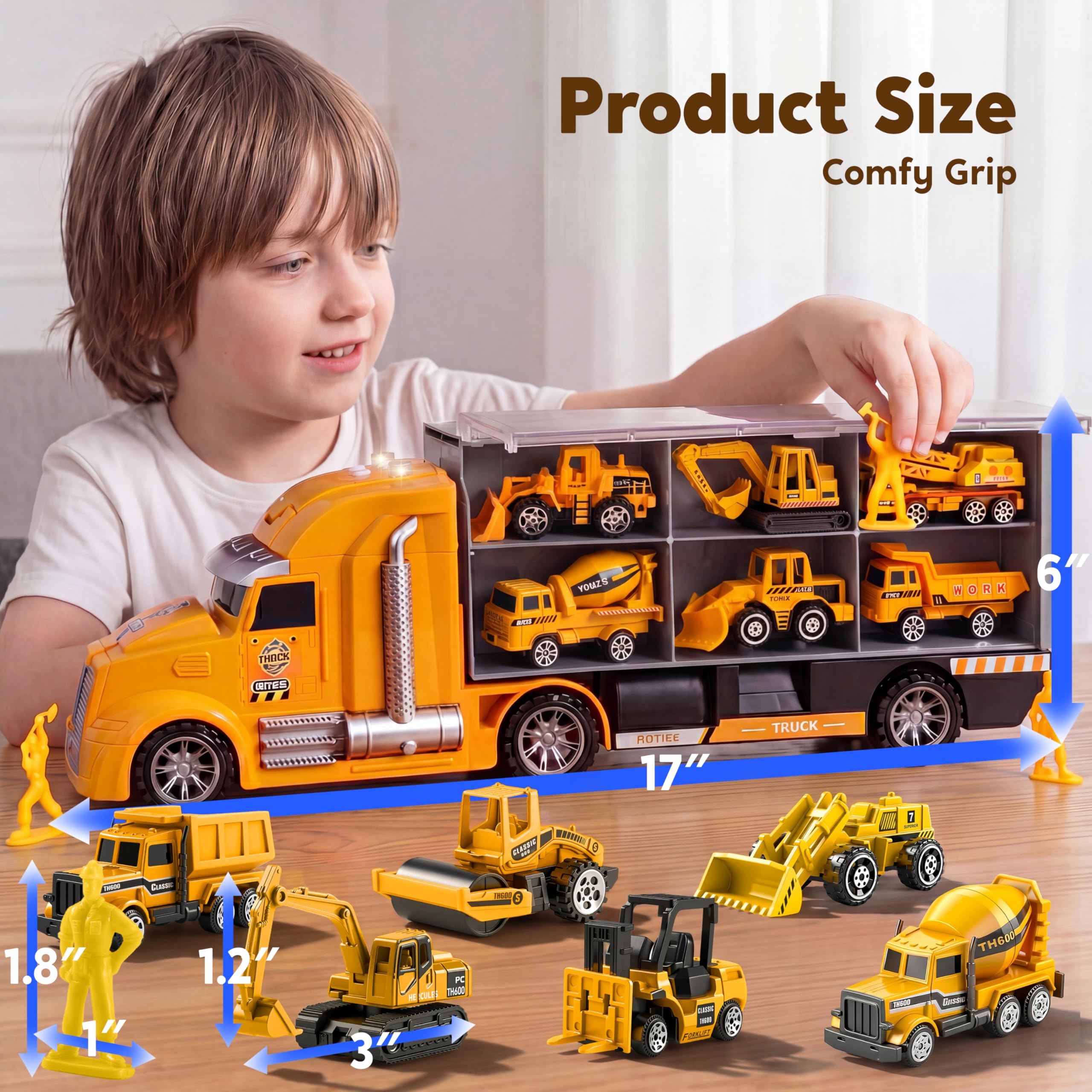 JOYIN 25 en 1 Juego de Juguetes camión de construcción fundidos a presión (Incluye Tractor Excavadora transportadora) con Sonidos y Luces, Regalos de cumpleaños para niños a Partir de 3 años