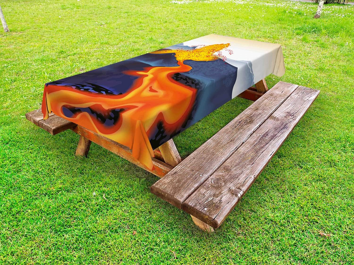 Lunarable Volcano Outdoor Tablecloth, Vibrant Graphic Display of Eruption Natural Disaster Molten Hot Lava, Decorative Washable Picnic Table Cloth, 58" X 104", Blue Scarlet