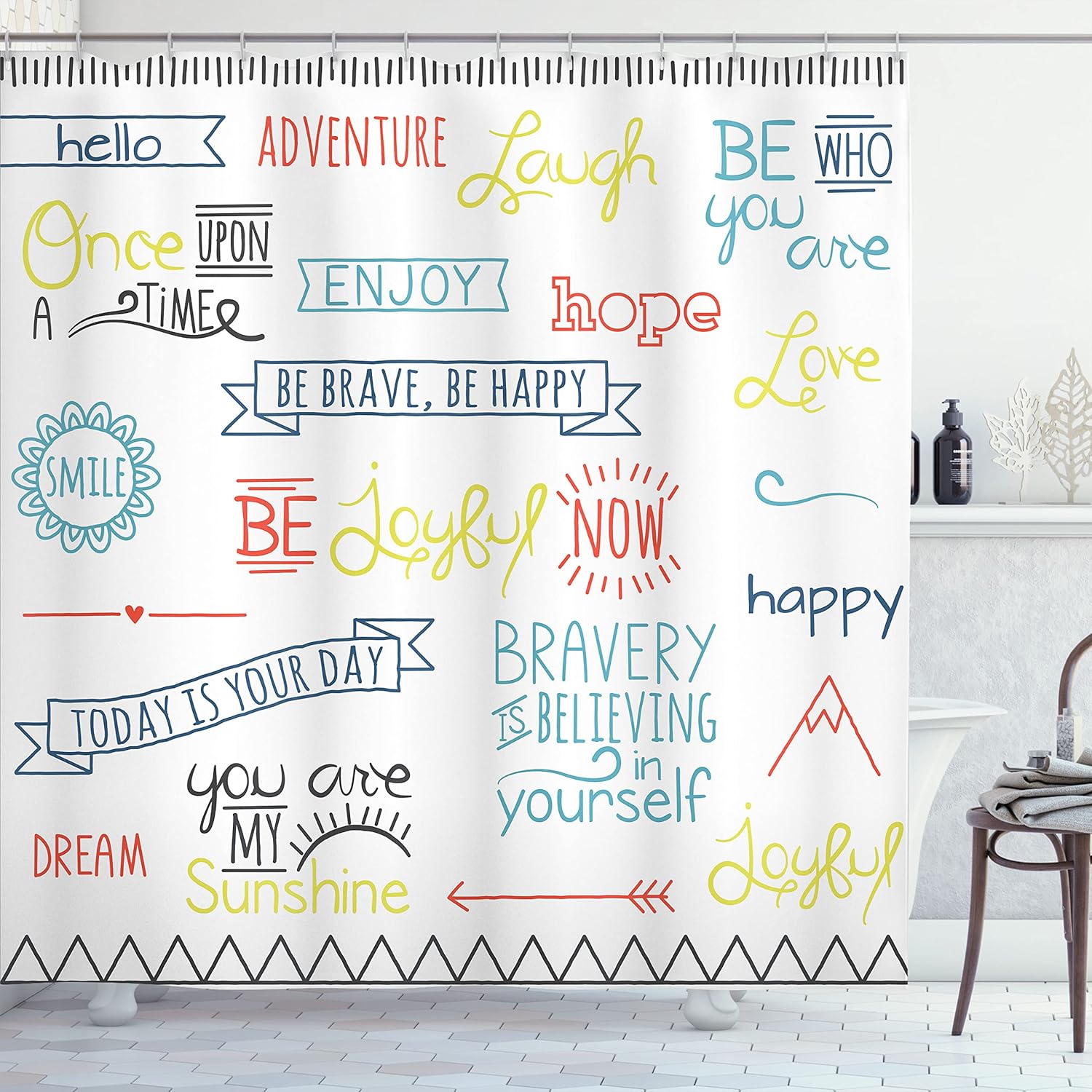 Ambesonne Adventure Shower Curtain, Various Words on Happiness and Self Value Uplifting Phrases Being Who You are, Cloth Fabric Bathroom Decor Set with Hooks, 69" W x 70" L, Sky Blue