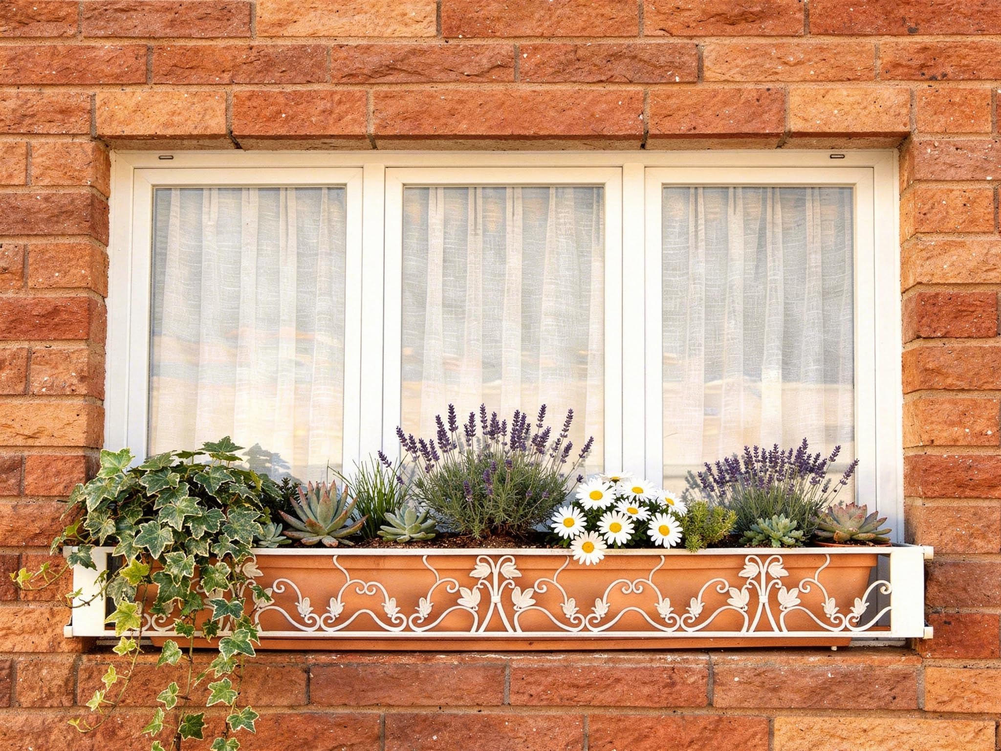 Balconcillo para Macetas, Balconcillo para Plantas, Portamacetas Ventana, Protector de macetas, Modelo Floral Extensible 140-200 cm, Blanco