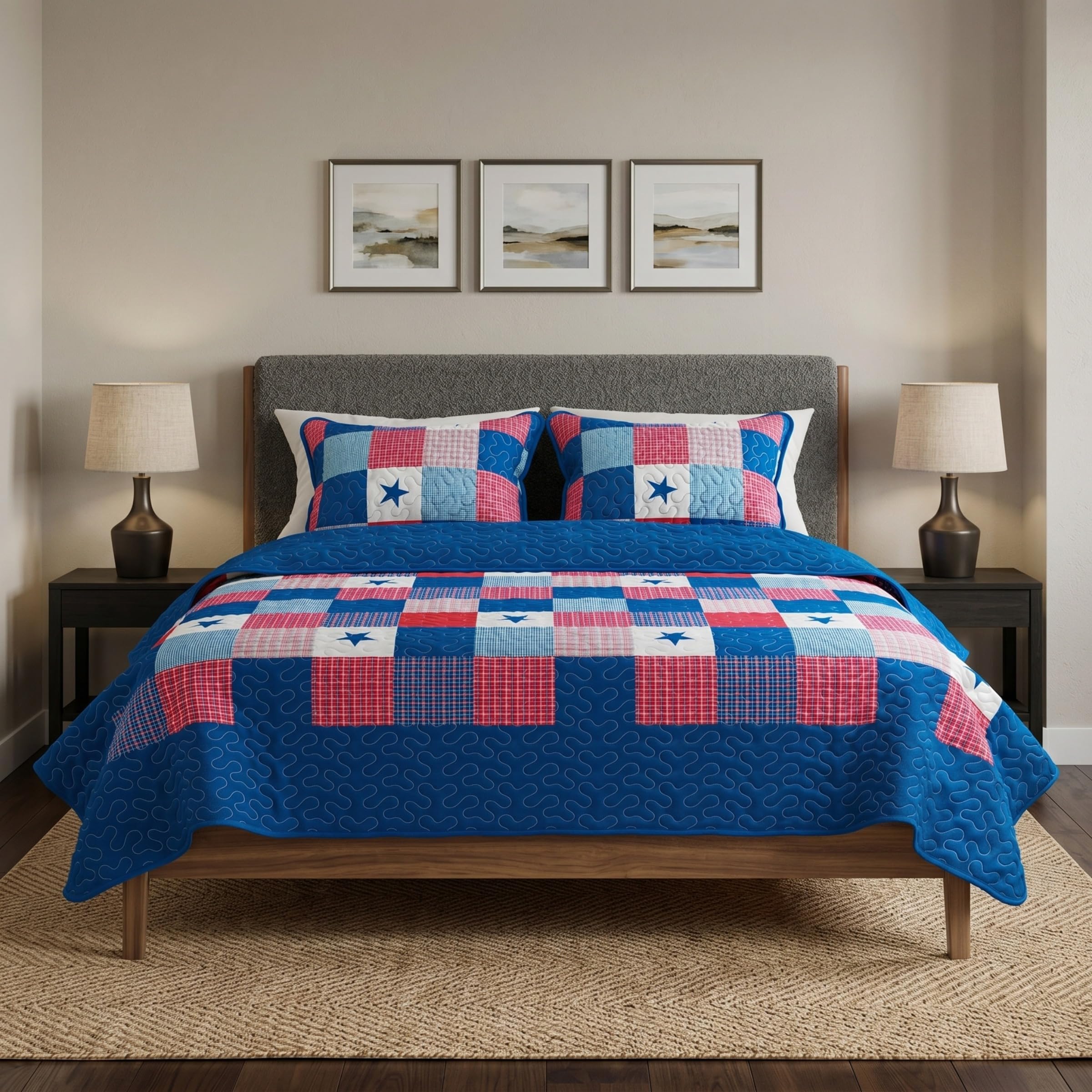 Lavish Home 3-Piece Caroline Patriotic Quilt Set - Americana Stars and Plaid Patchwork Bedding - Full/Queen Bed Spread with 2 Pillow Shams