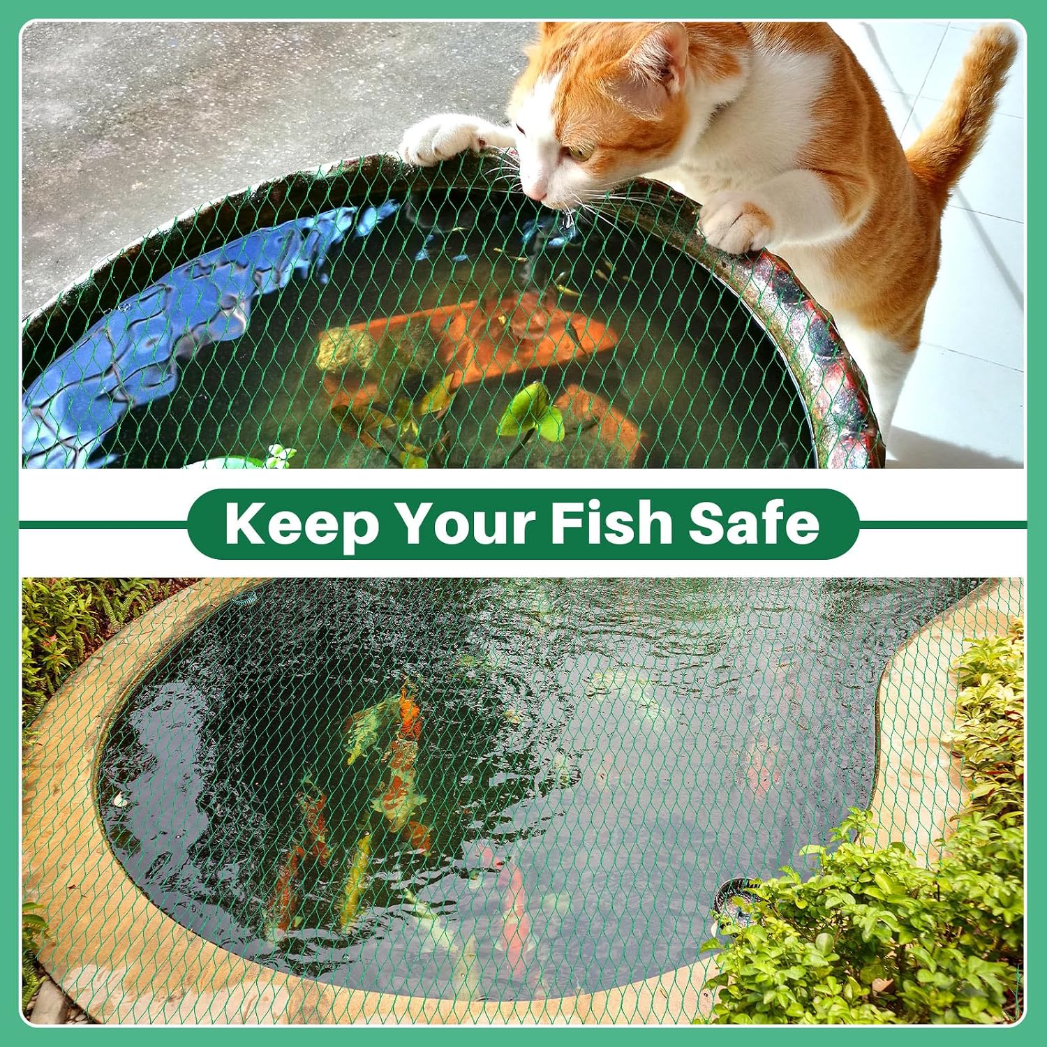 Koi Pond Netting Kit 7 x 10ft, Bird Deer Fence Netting, Durable Net Cover for Leaves, Heavy Duty Fine Mesh, Protect Fish from Birds, Cats & Predators, 12pcs Stakes & Ties Included(Green)