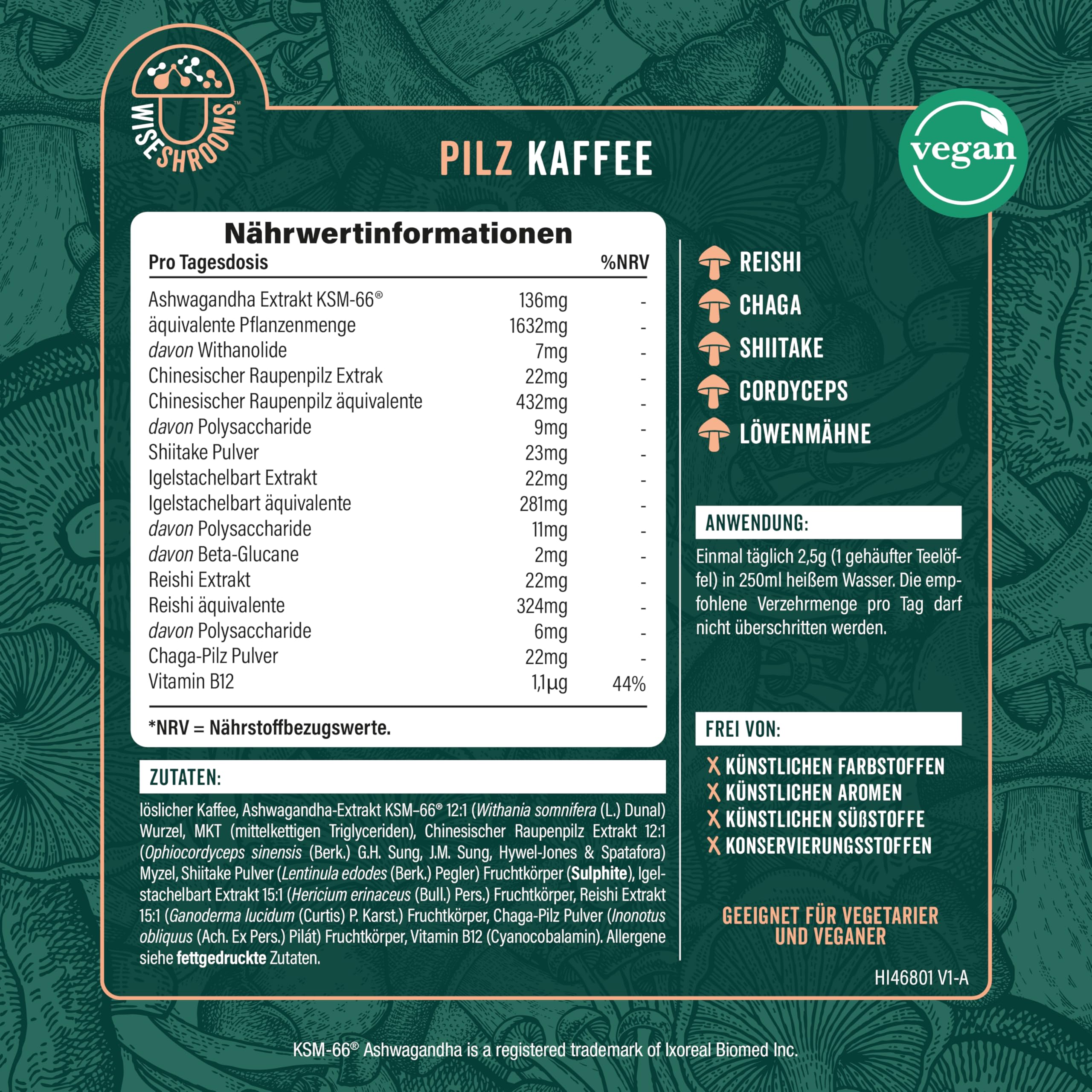 Pilz Kaffee mit Ashwagandha KSM-66 | 40 Portionen | 5 Pilz Komplex mit Löwenmähne, Cordyceps, Shiitake, Reishi, Chaga & Zugesetzt Vitamin B12 | von Wiseshrooms