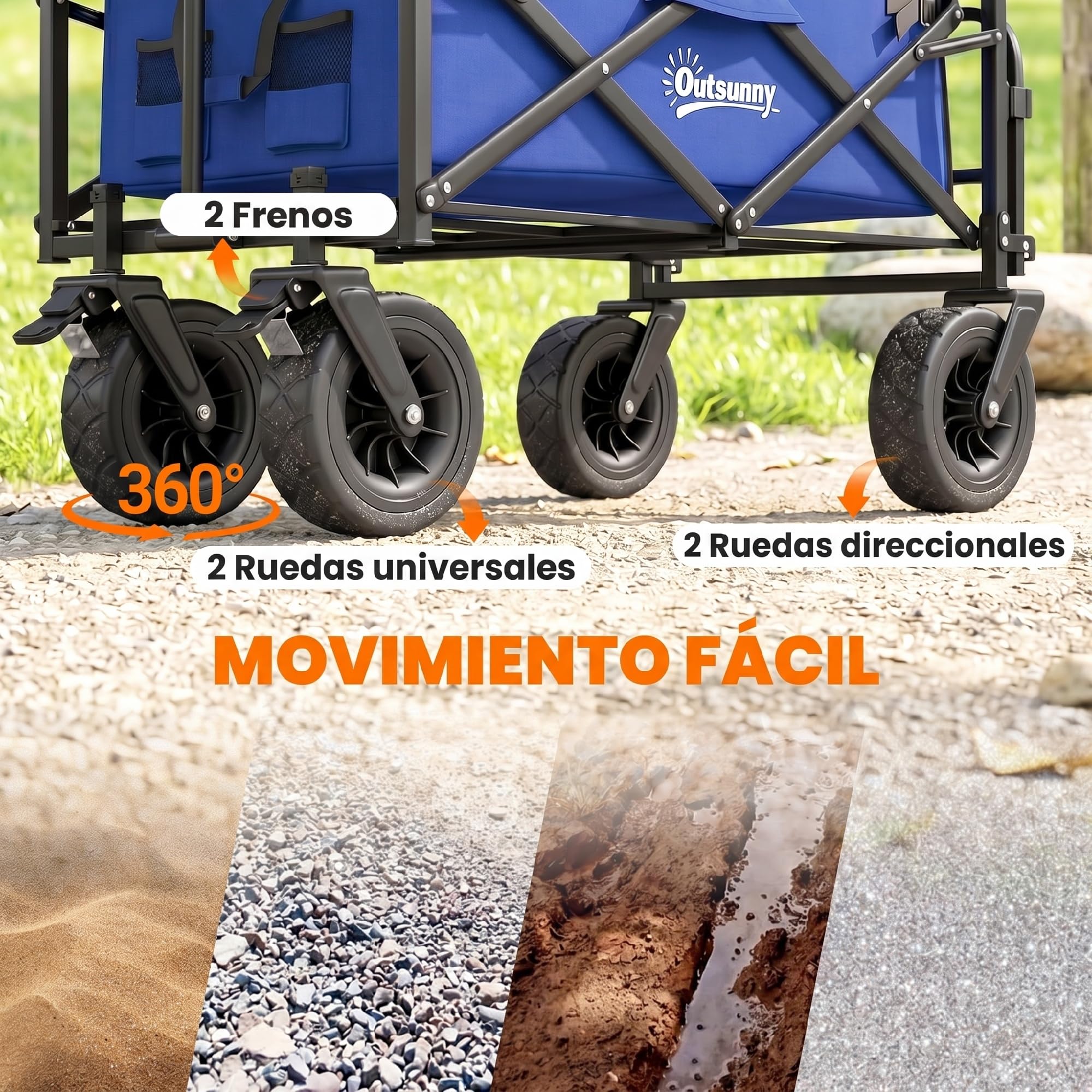 Outsunny Carro de Jardín Carro para Playa Plegable 100 kg Azul Oscuro | Longitud y Ángulo del Mango Ajustables, Puerta Trasera, Bolsa de Transporte, para Compra