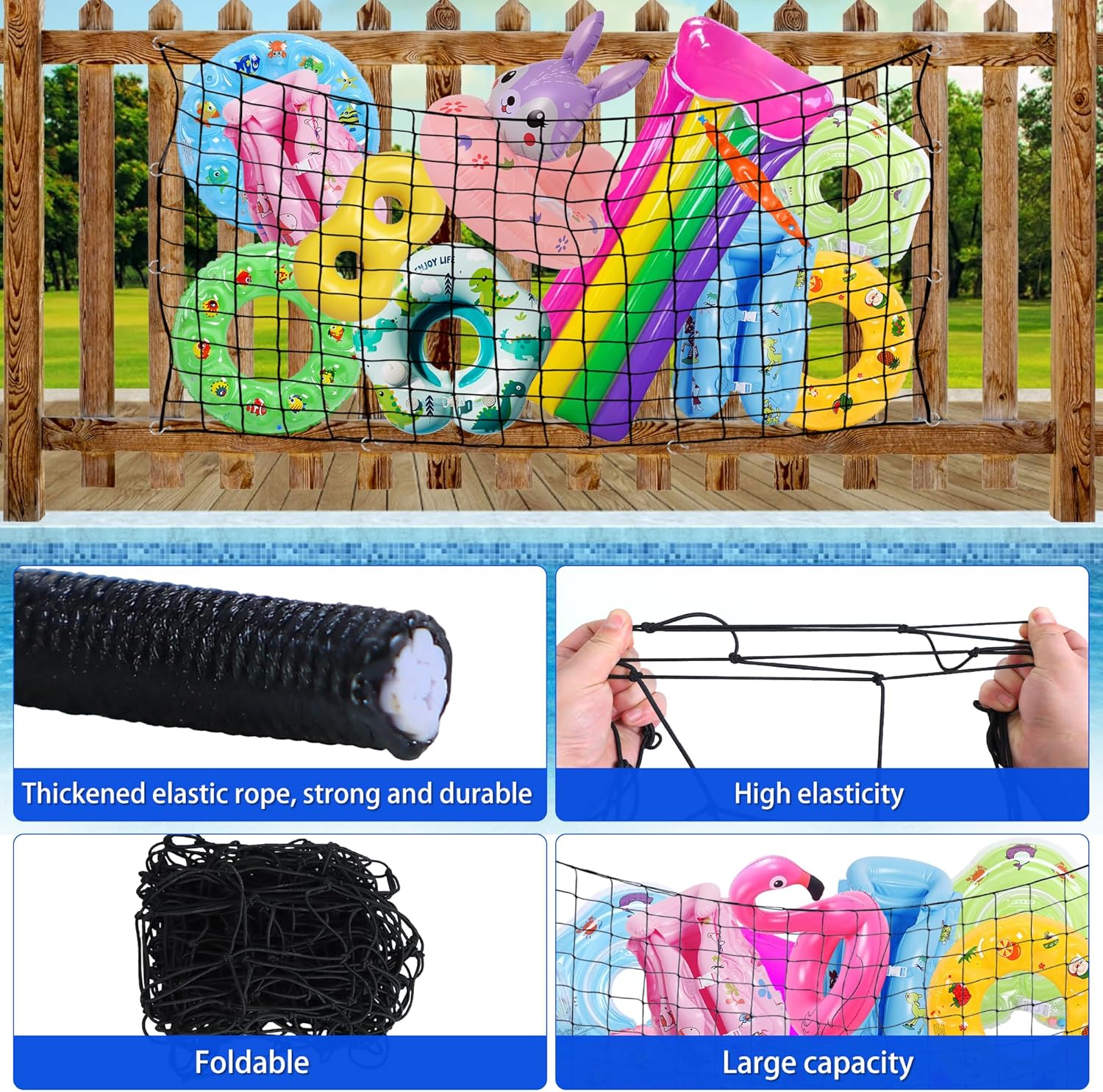 71 x 47in Pool Toy Float Storage Net, Extra Large Hanging Pool Storage Net Swimming Poolside Fence Toys Holder with Hook and Ties for Inflatable Rafts, Water Inflatable Toys