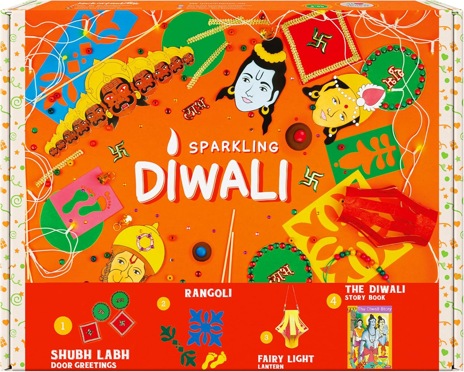 jackinthebox Diwali 4-in-1 Craft Kit for Kids & Adults, Great Diwali Gift for Girls, Boys 5 Years and up, 4 Activities - Rangoli, Shubh Labh Door Greetings, Diwali Lantern & Diwali Story Book
