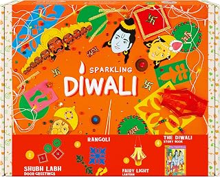 jackinthebox Diwali 4-in-1 Craft Kit for Kids & Adults, Great Diwali Gift for Girls, Boys 5 Years and up, 4 Activities - Rangoli, Shubh Labh Door Greetings, Diwali Lantern & Diwali Story Book
